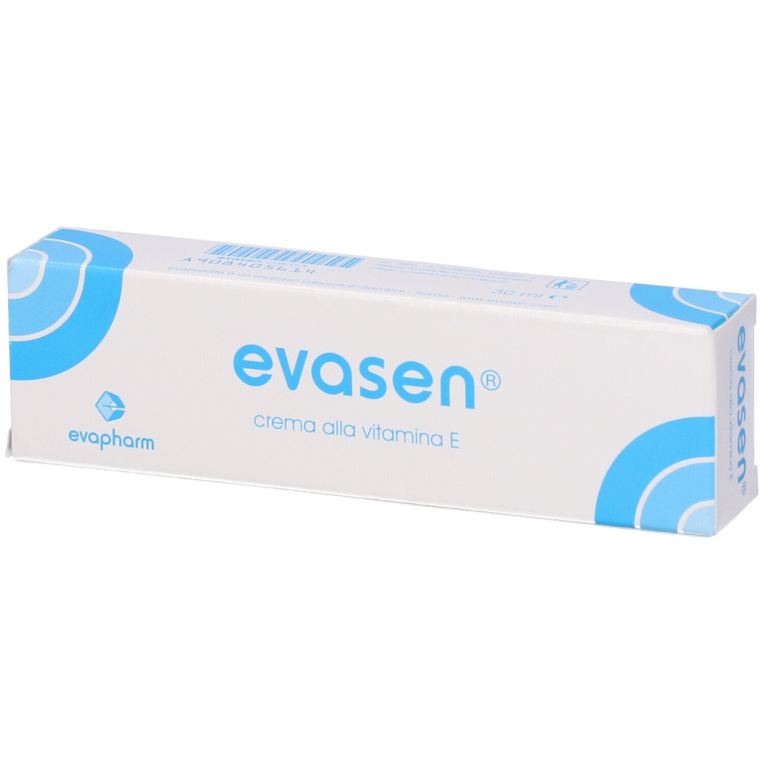 Scatola bianca con design blu. Scritta: Evasen, crema alla vitamina E. Marchio Evapharm.
