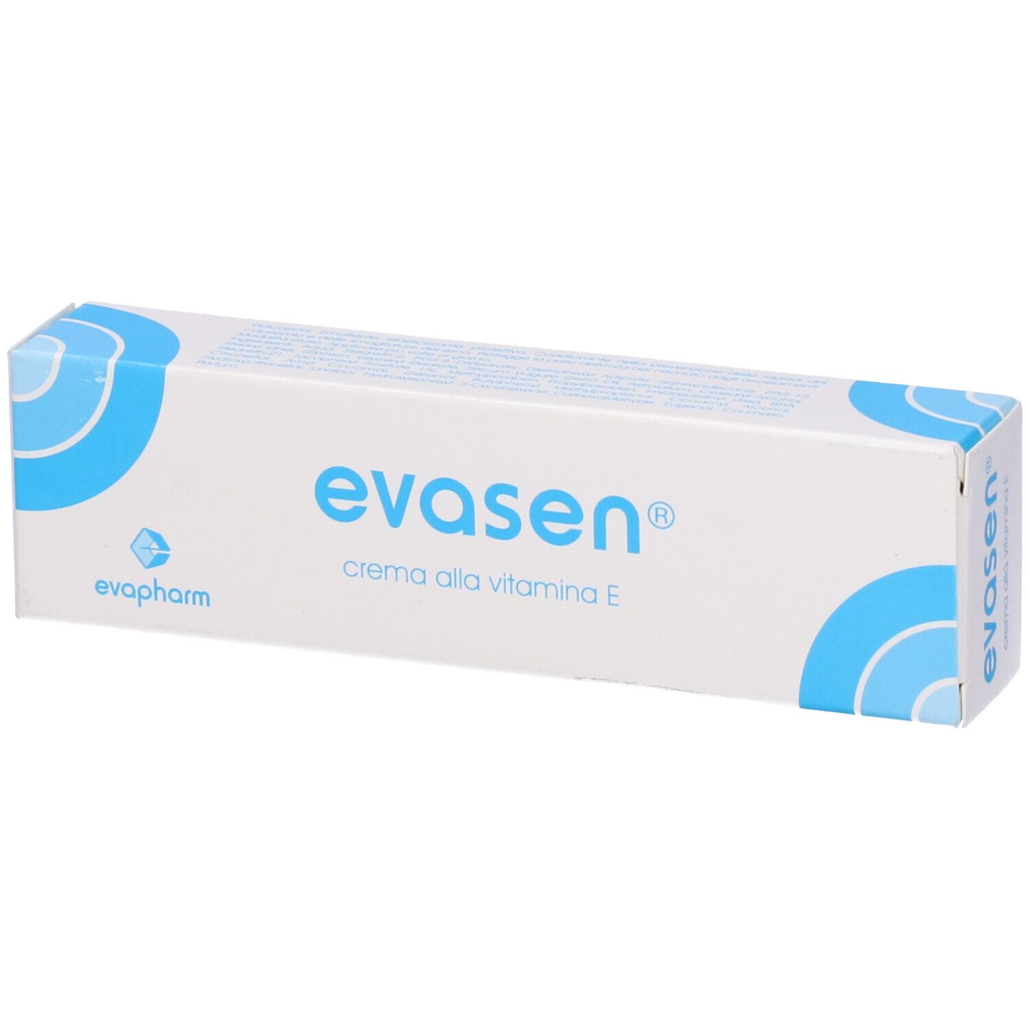 Scatola bianca con design blu. Scritta: Evasen, crema alla vitamina E. Marchio Evapharm.