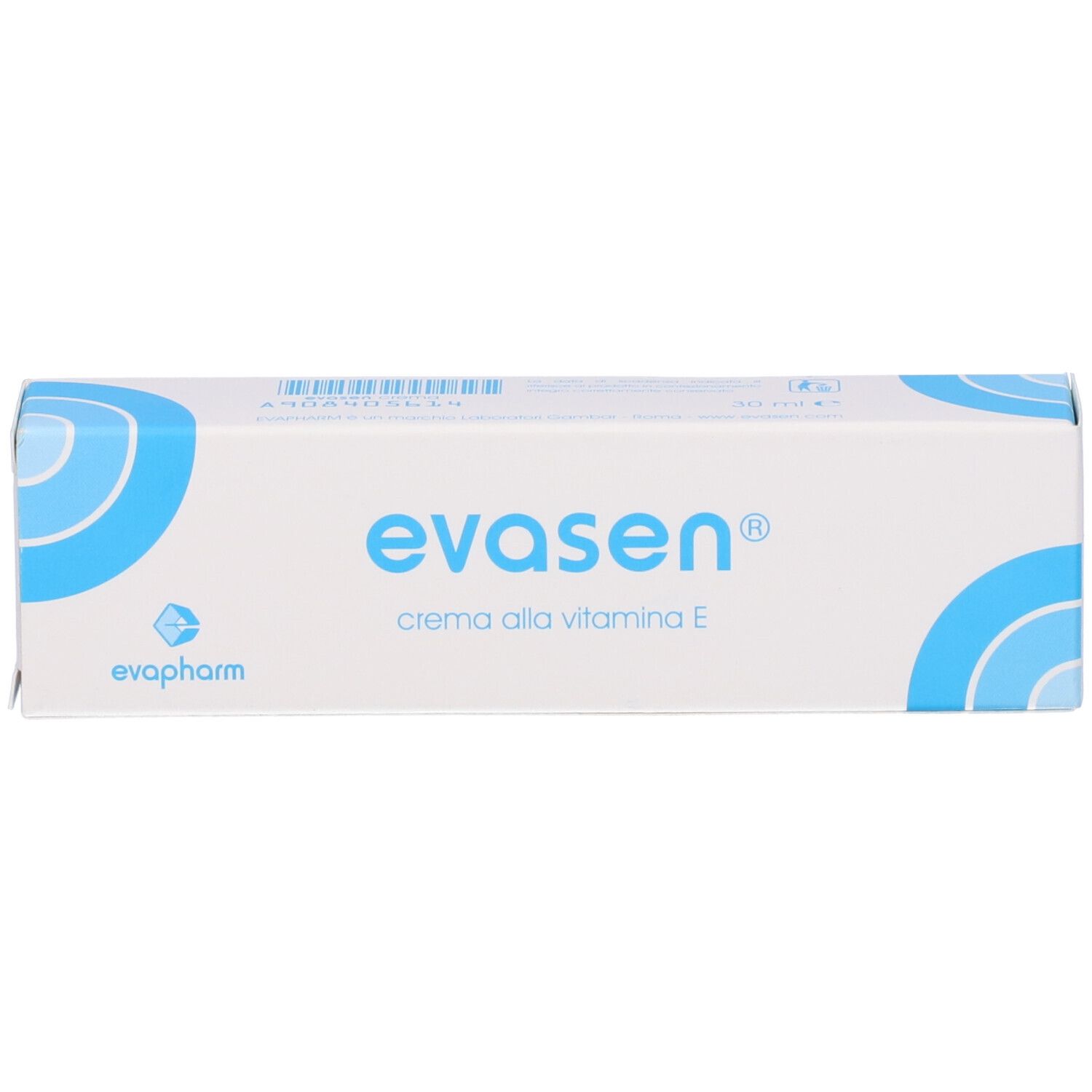 Scatola bianca con design blu. Scritta: Evasen, crema alla vitamina E. Marchio Evapharm.
