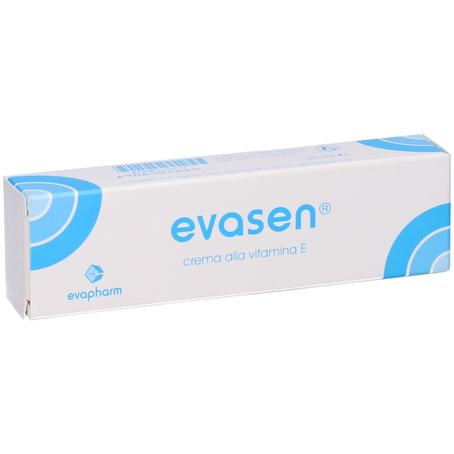 Scatola bianca con design blu. Scritta: Evasen, crema alla vitamina E. Marchio Evapharm.