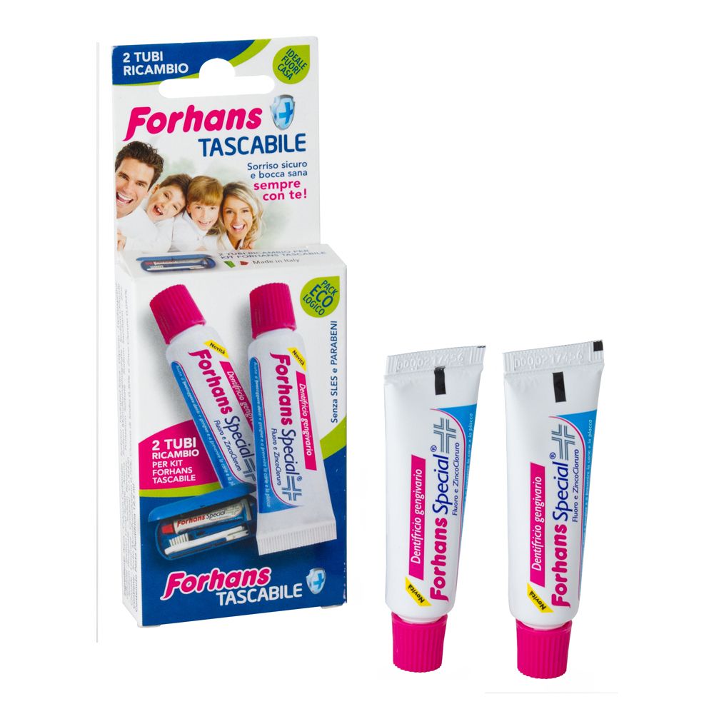 Due tubi di dentifricio e una confezione. Sulla confezione è scritto "Forhans Special".