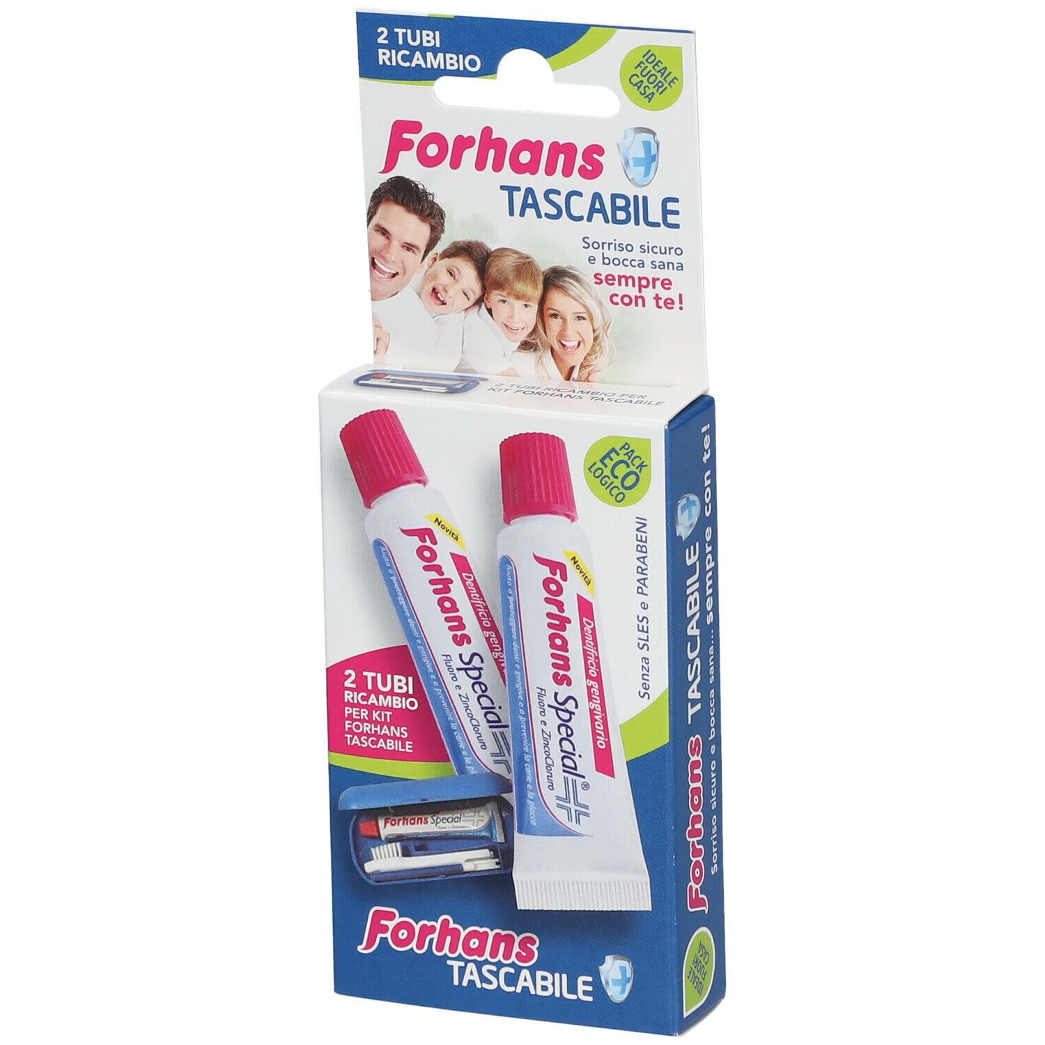 Confezione con due tubi di dentifricio. Sulla confezione è scritto "Forhans Special".
