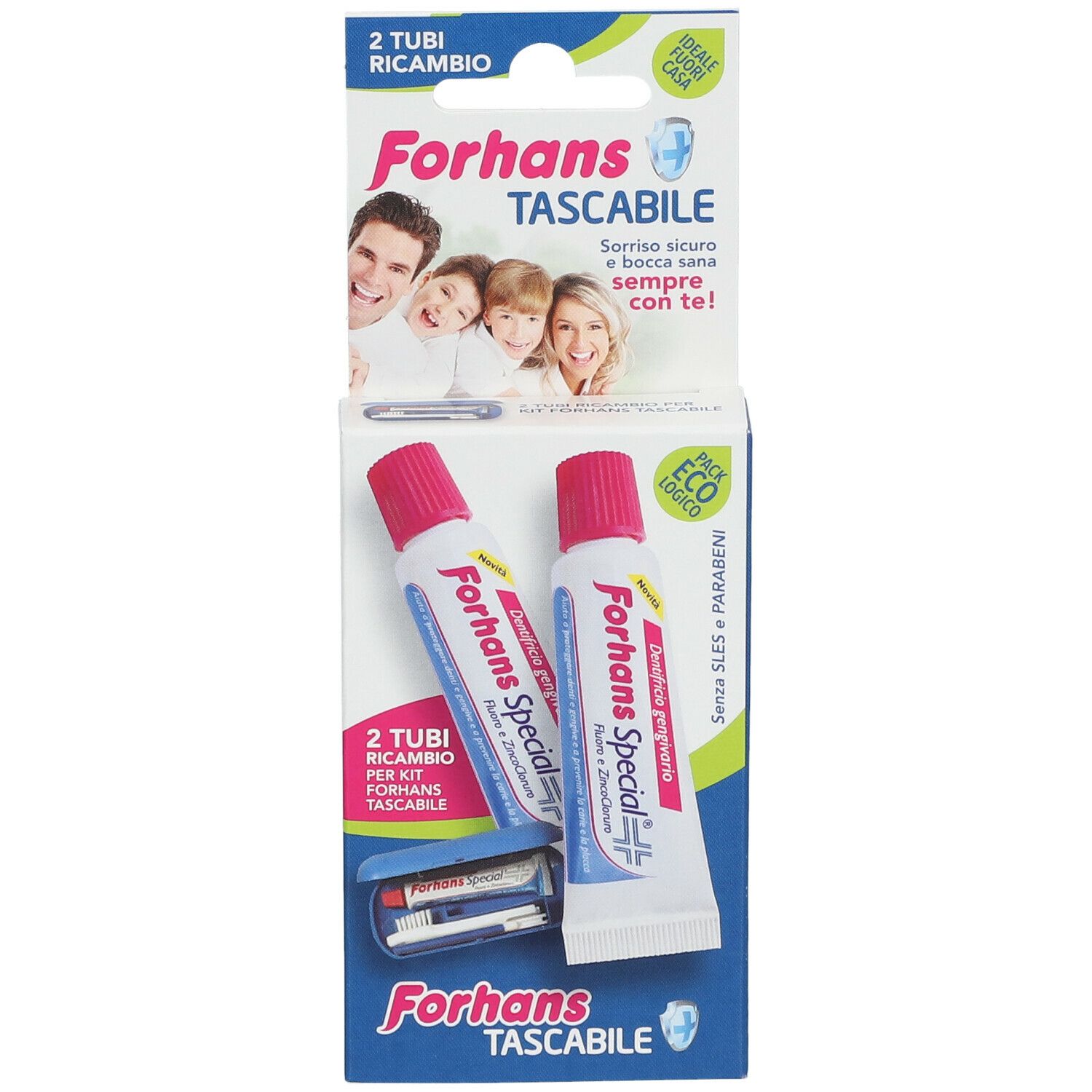 Confezione con due tubi di dentifricio e accessori. Sulla confezione è scritto "Forhans Special".