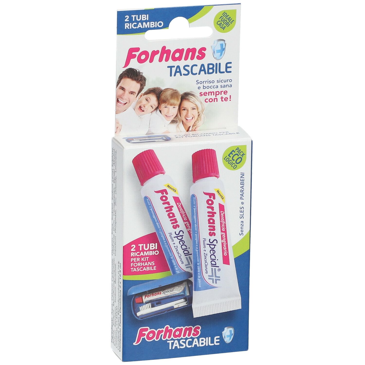 Confezione con due tubi di dentifricio e accessori. Sulla confezione è scritto "Forhans Special".