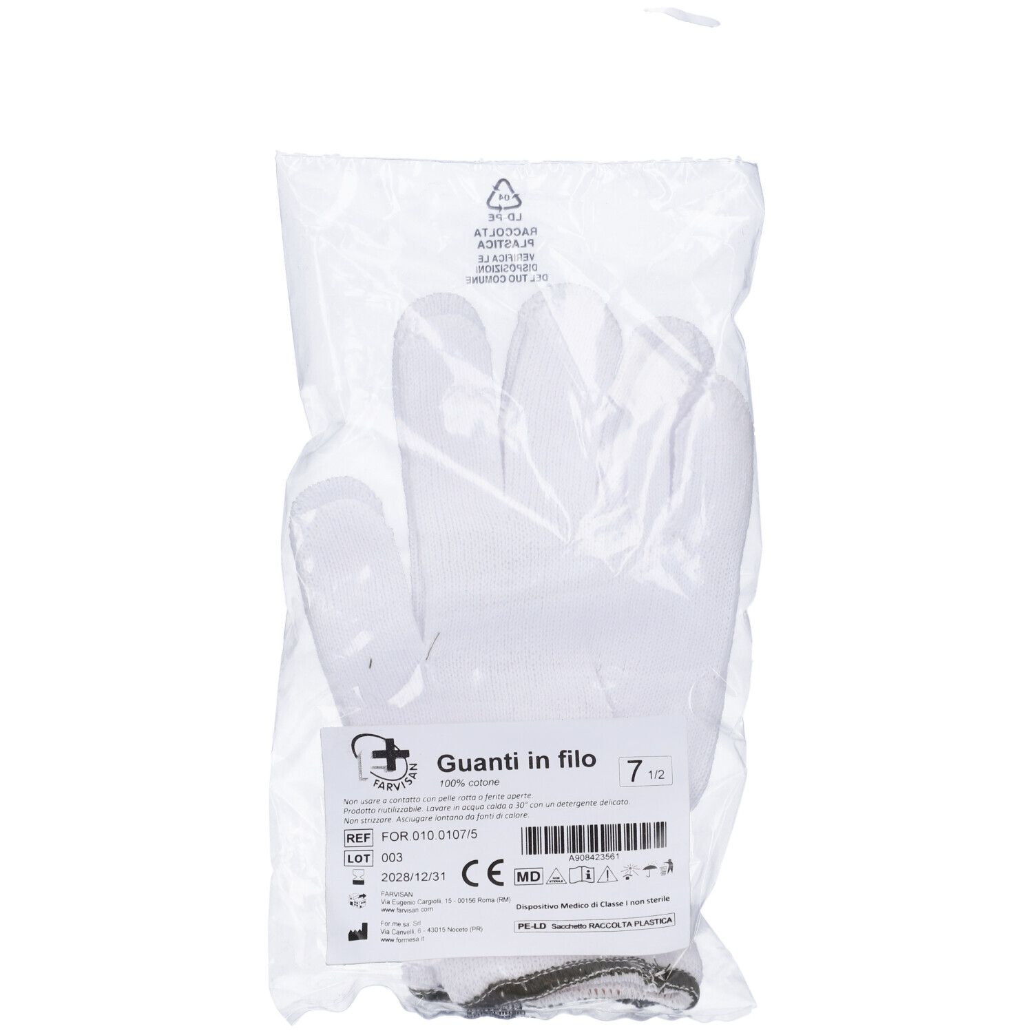 Guanto Di Filo Cotone 100% Bianco Per Allergie Dermatologiche 7,5 1 Paio