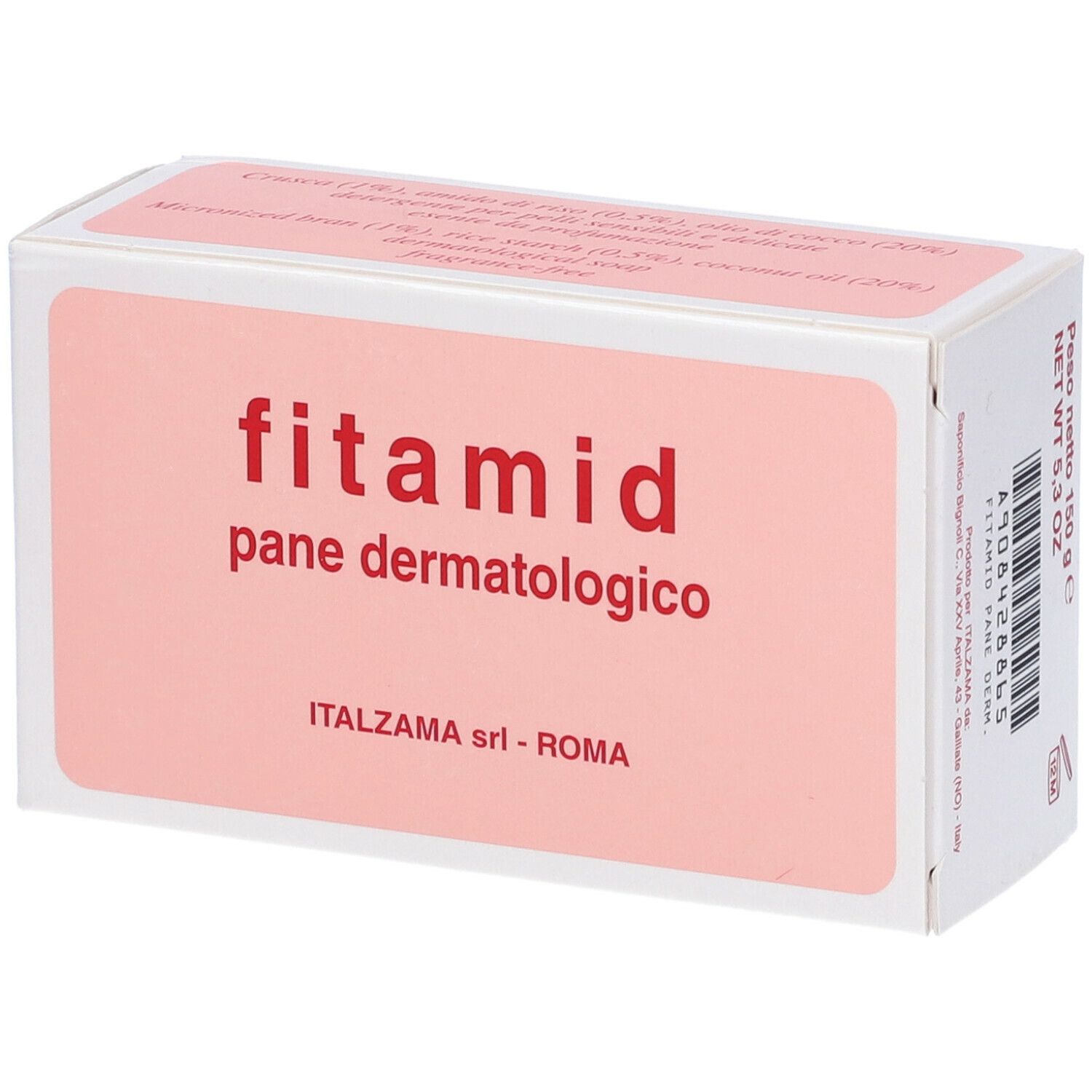 Scatola bianca con stampa rosa. Testo: "fitamid pane dermatologico". ITALZAMA srl - ROMA. Peso netto 150 g.