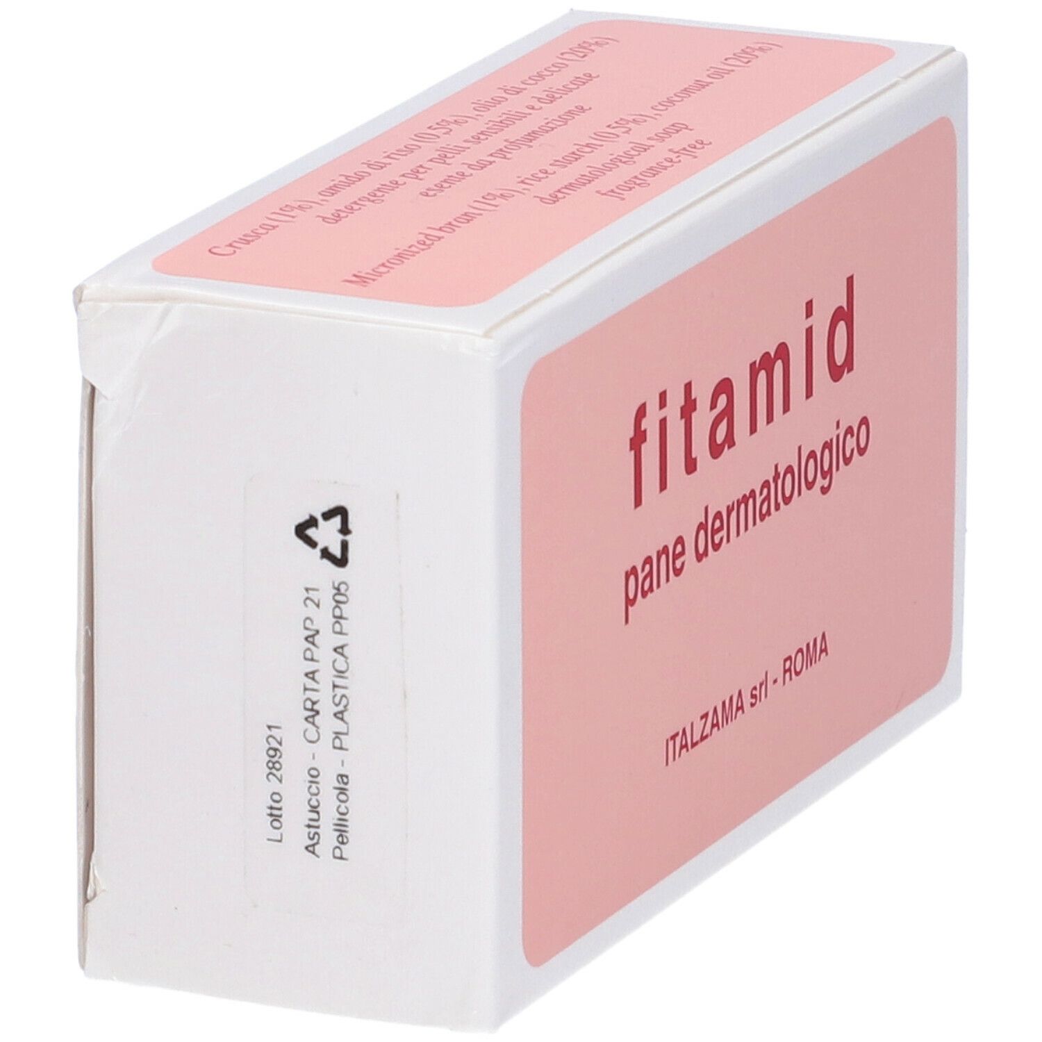 Scatola con stampa rosa. Testo: "fitamid pane dermatologico". ITALZAMA srl - ROMA. Simbolo di riciclaggio.