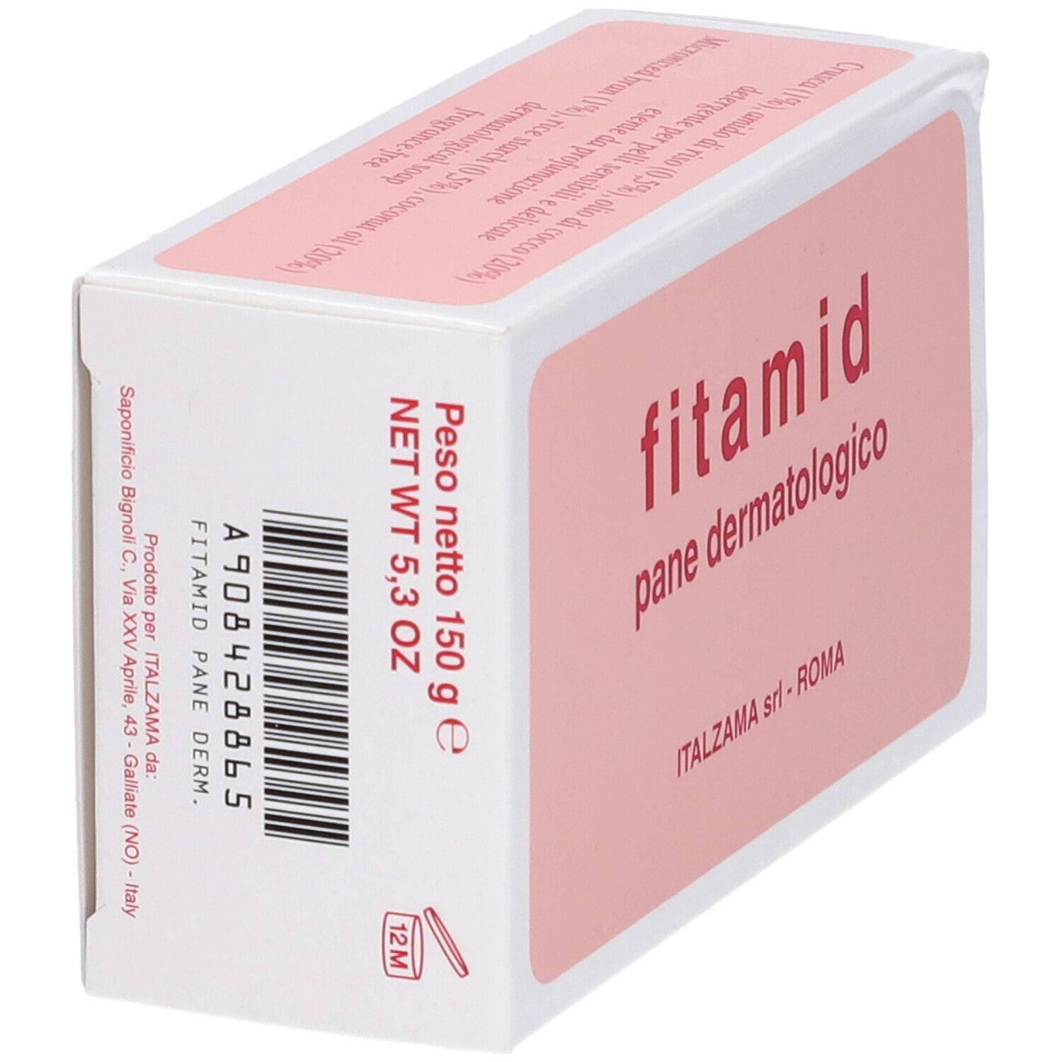 Scatola con stampa rosa. Testo: "fitamid pane dermatologico". ITALZAMA srl - ROMA. Peso netto 150 g.