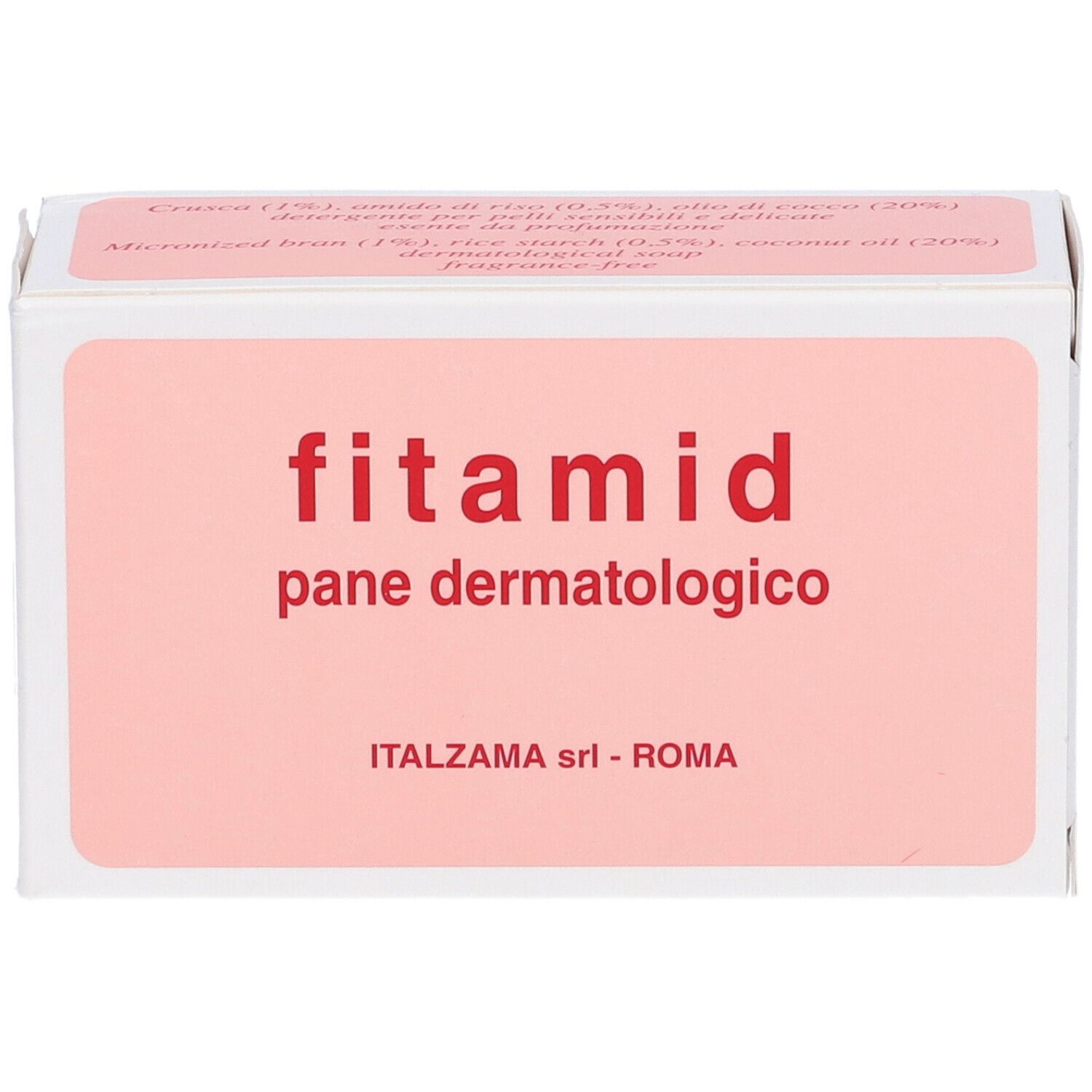 Scatola bianca con stampa rosa. Testo: "fitamid pane dermatologico". ITALZAMA srl - ROMA.