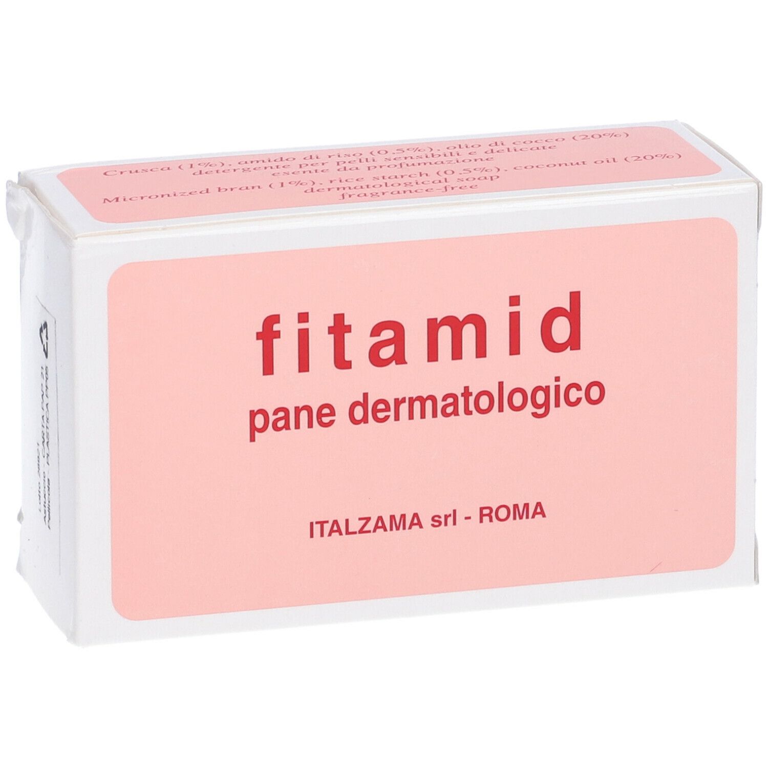 Scatola con stampa rosa. Testo: "fitamid pane dermatologico". ITALZAMA srl - ROMA.