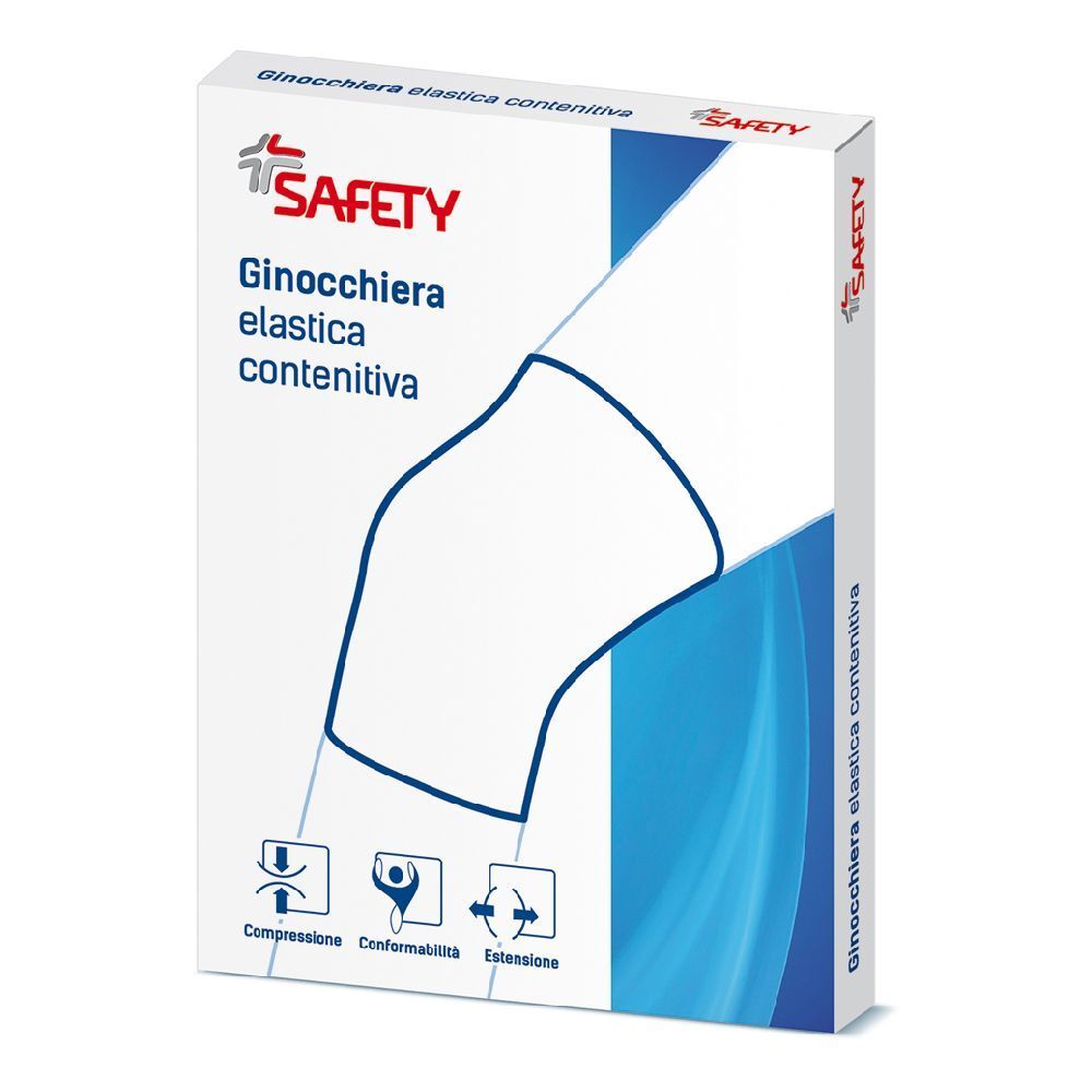 Confezione Safety Ginocchiera Elastica Contenitiva. Scatola bianca con disegno del prodotto e logo. Testo: Ginocchiera elastica contenitiva.