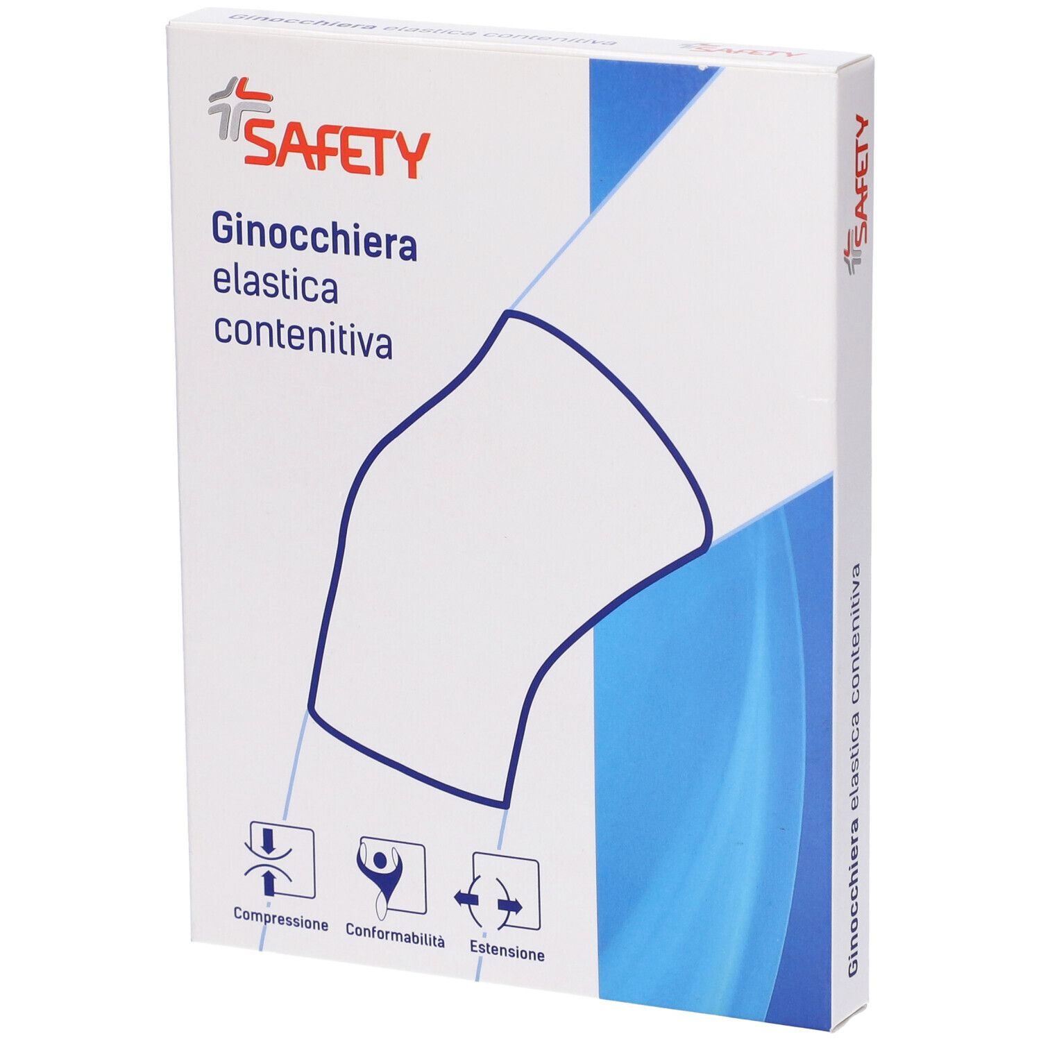 Confezione Safety Ginocchiera Elastica Contenitiva. Scatola bianca con disegno del prodotto e logo. Testo: Ginocchiera elastica contenitiva.