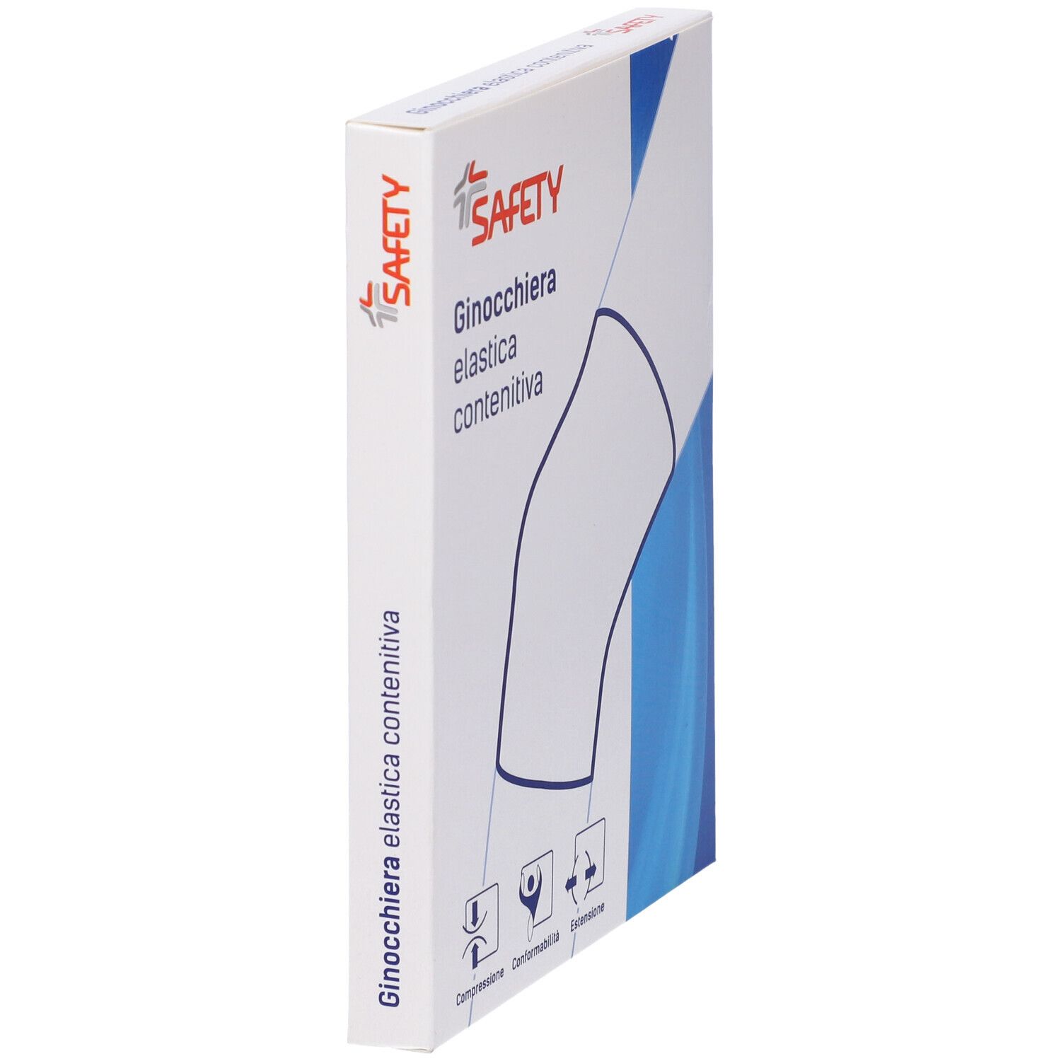 Confezione Safety Ginocchiera Elastica Contenitiva. Scatola bianca con disegno del prodotto e logo. Testo: Ginocchiera elastica contenitiva.