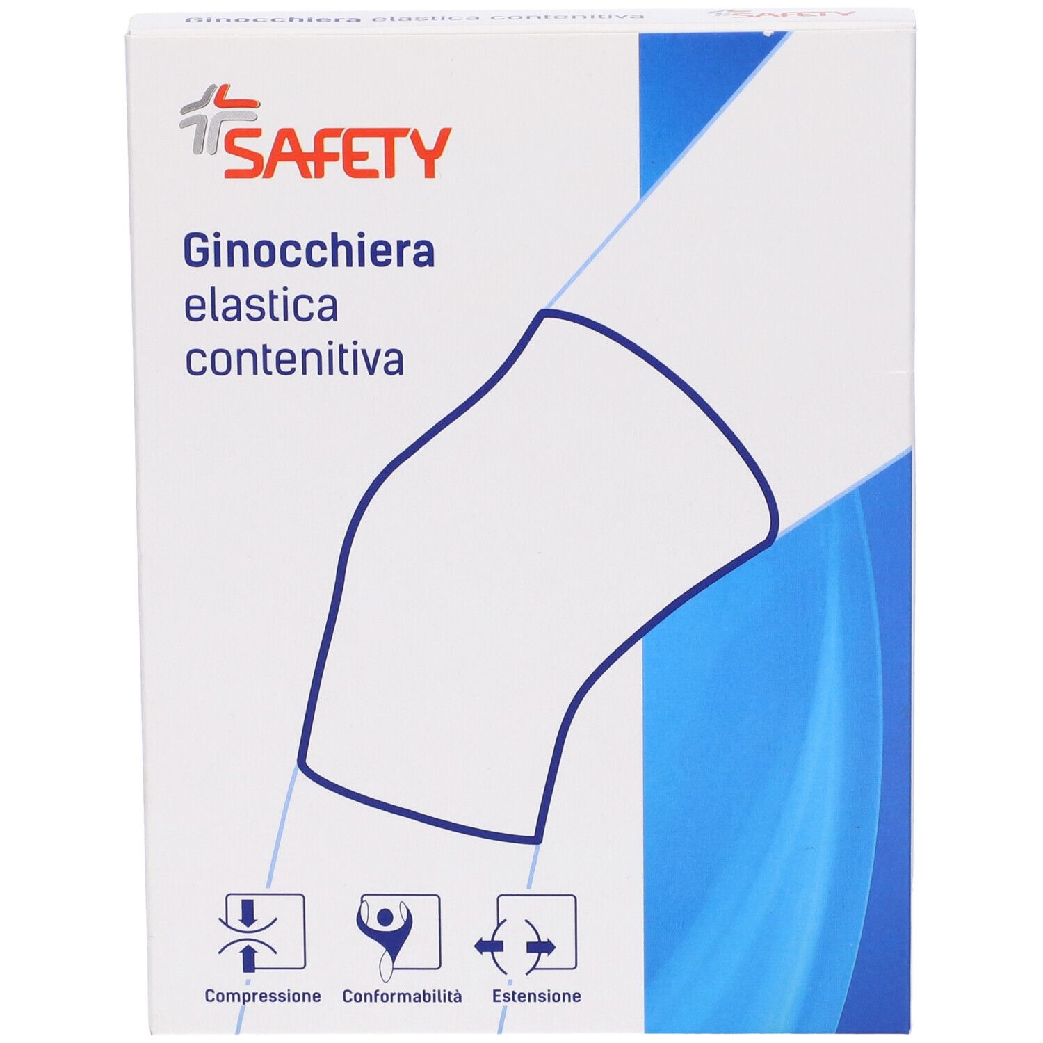 Confezione Safety Ginocchiera Elastica Contenitiva. Scatola bianca con disegno del prodotto e logo. Testo: Ginocchiera elastica contenitiva.