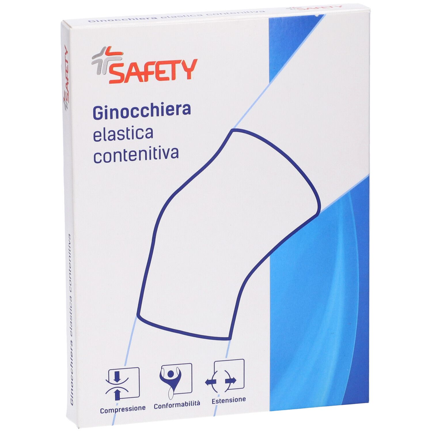 Confezione Safety Ginocchiera Elastica Contenitiva. Scatola bianca con disegno del prodotto e logo. Testo: Ginocchiera elastica contenitiva.