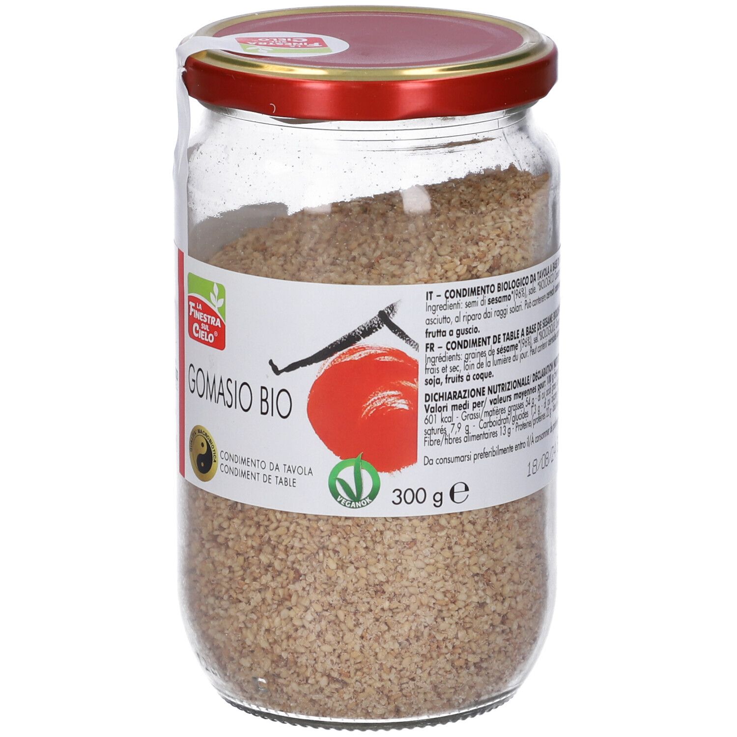 Vasetto di Gomasio Bio. Etichetta con logo, nome prodotto e 300g. Coperchio rosso. Contenuto granulare.