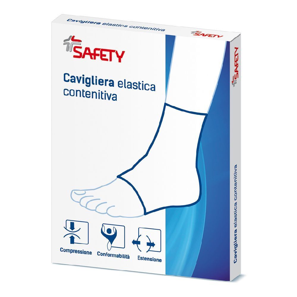 Confezione Cavigliera elastica contenitiva. Marchio Safety. Illustrazione di un piede con tutore alla caviglia.
