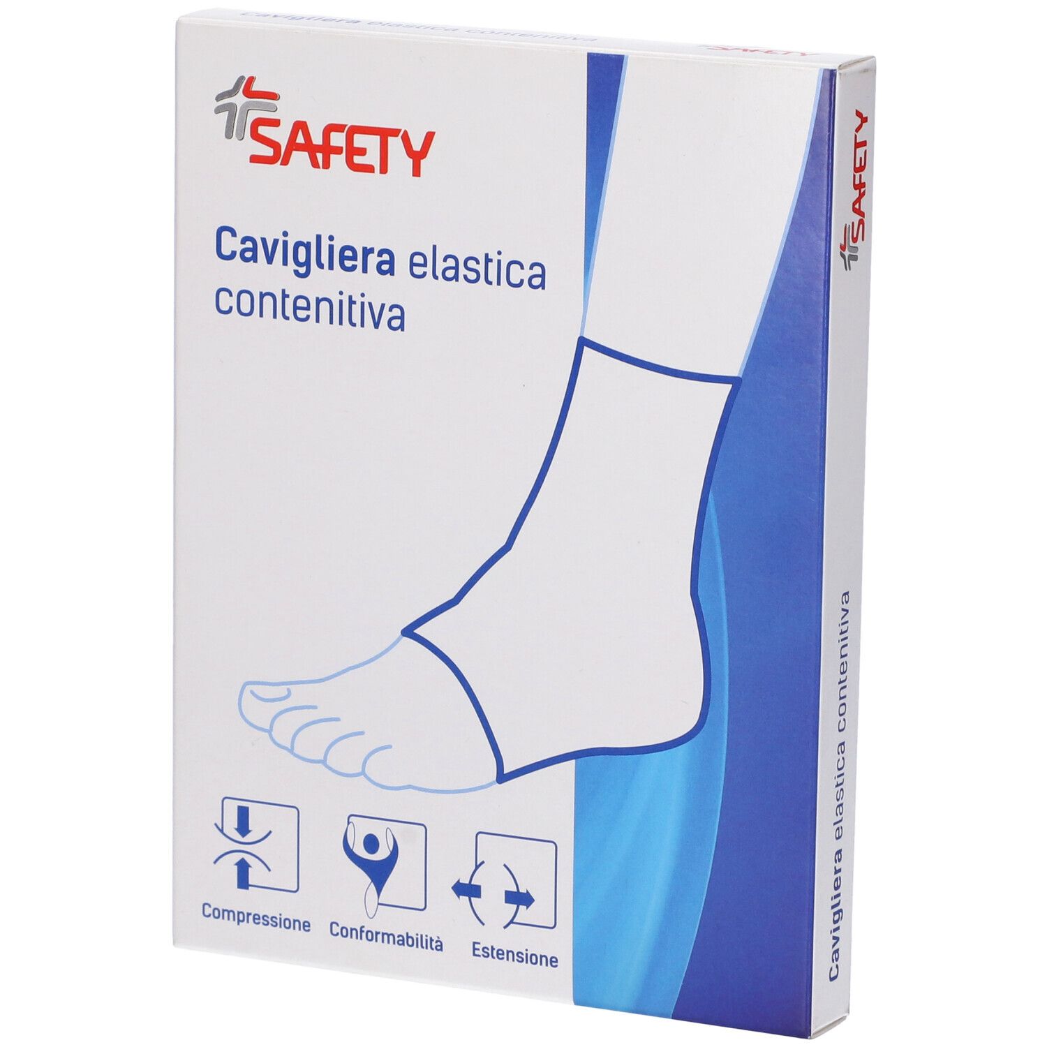Confezione Cavigliera elastica contenitiva. Marchio Safety. Illustrazione di un piede con tutore alla caviglia.