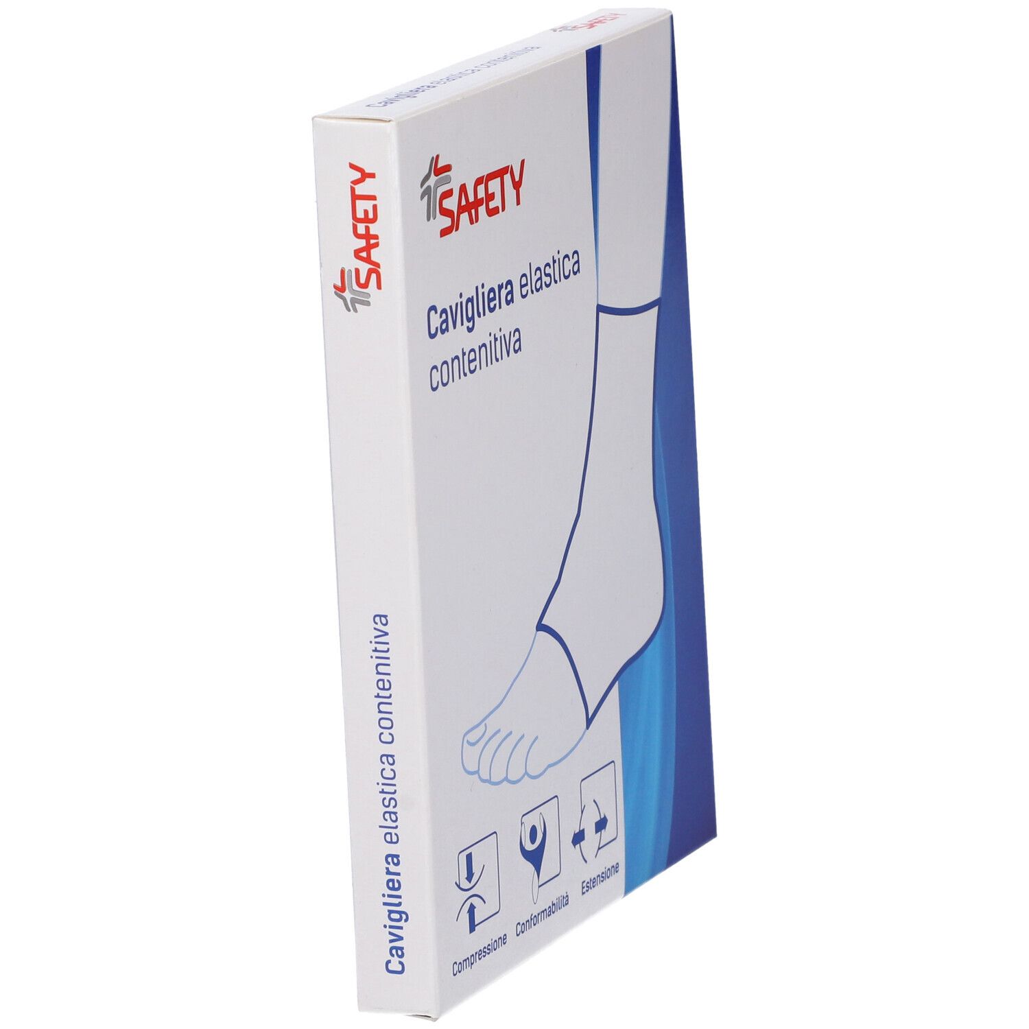 Confezione Cavigliera elastica contenitiva. Marchio Safety. Illustrazione di un piede con tutore alla caviglia.
