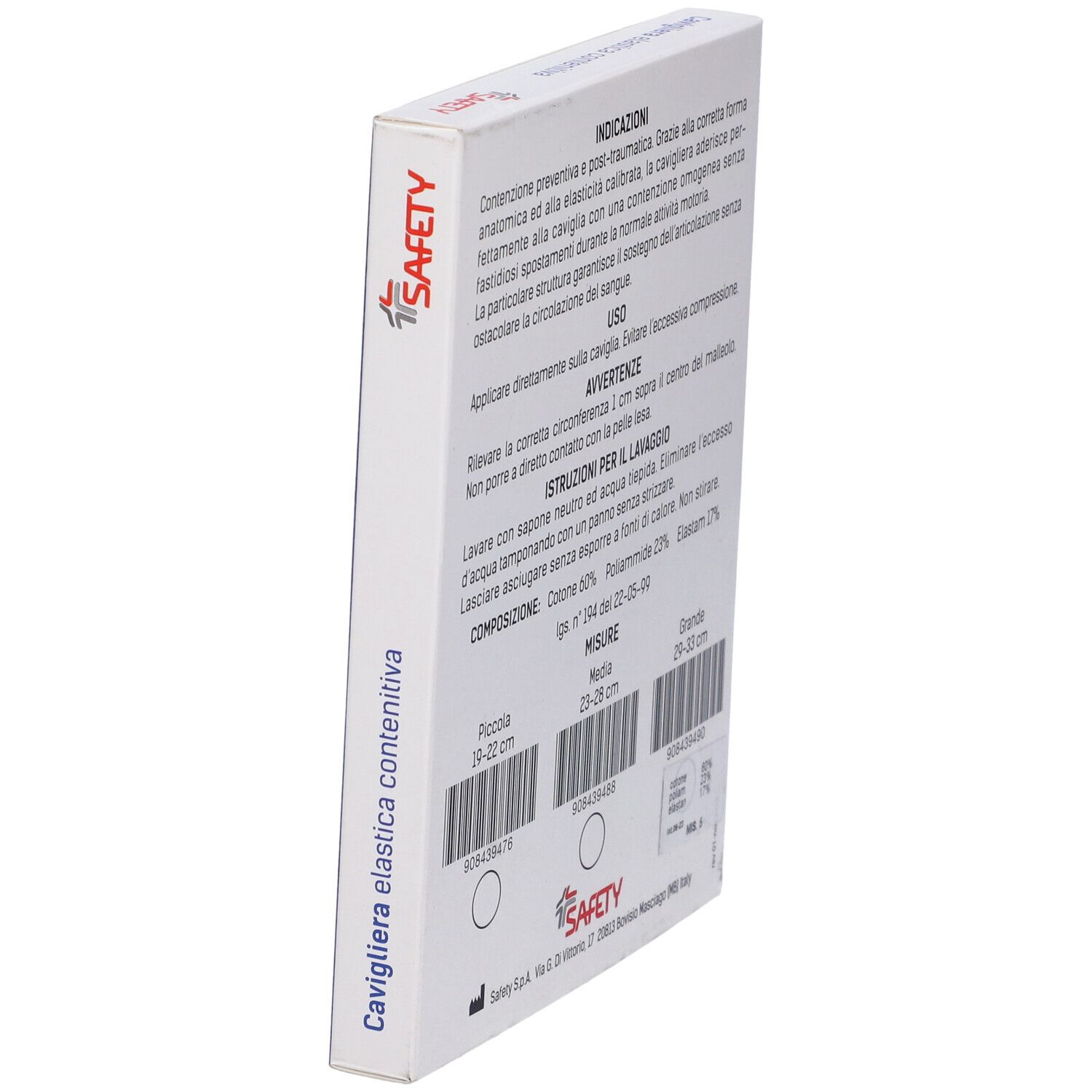 Confezione Cavigliera elastica contenitiva. Marchio Safety. Testo e taglie sul retro.