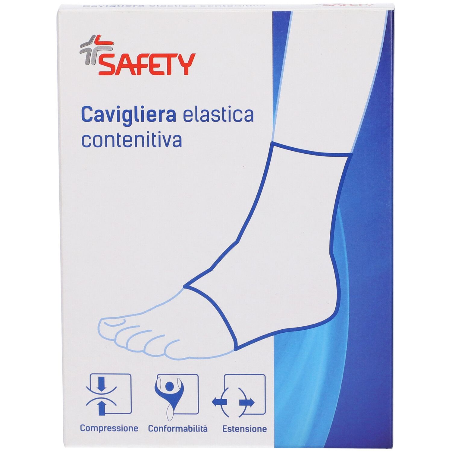 Confezione Cavigliera elastica contenitiva. Marchio Safety. Illustrazione di un piede con tutore alla caviglia.