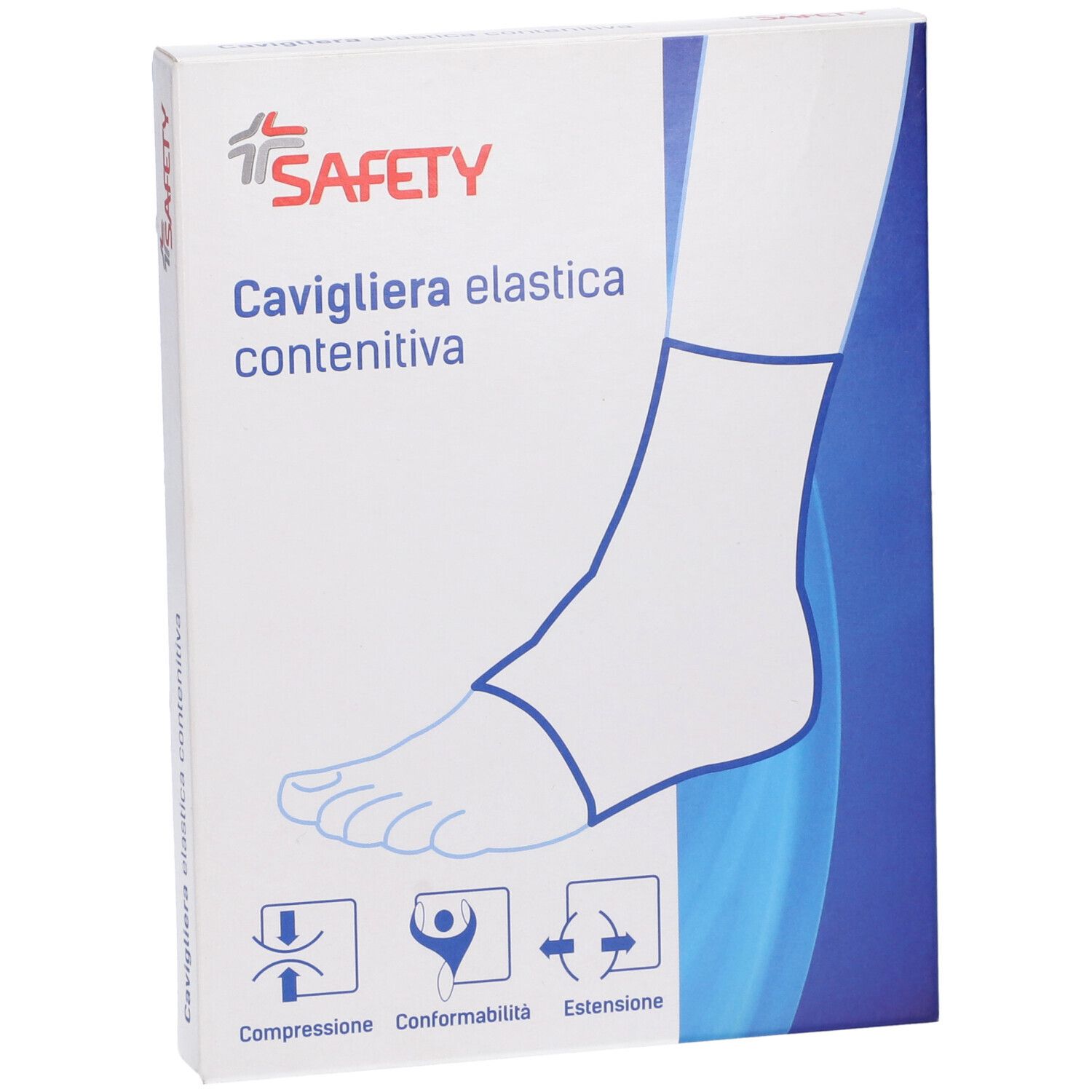 Confezione Cavigliera elastica contenitiva. Marchio Safety. Illustrazione di un piede con tutore alla caviglia.