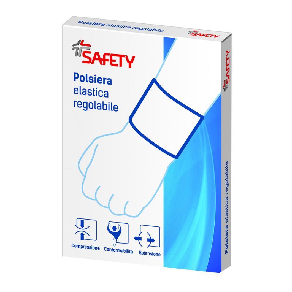 Confezione con polsiera elastica regolabile. Logo Safety. Illustrazioni: Compressione, conformità, estensione. Testo: Polsiera elastica regolabile.