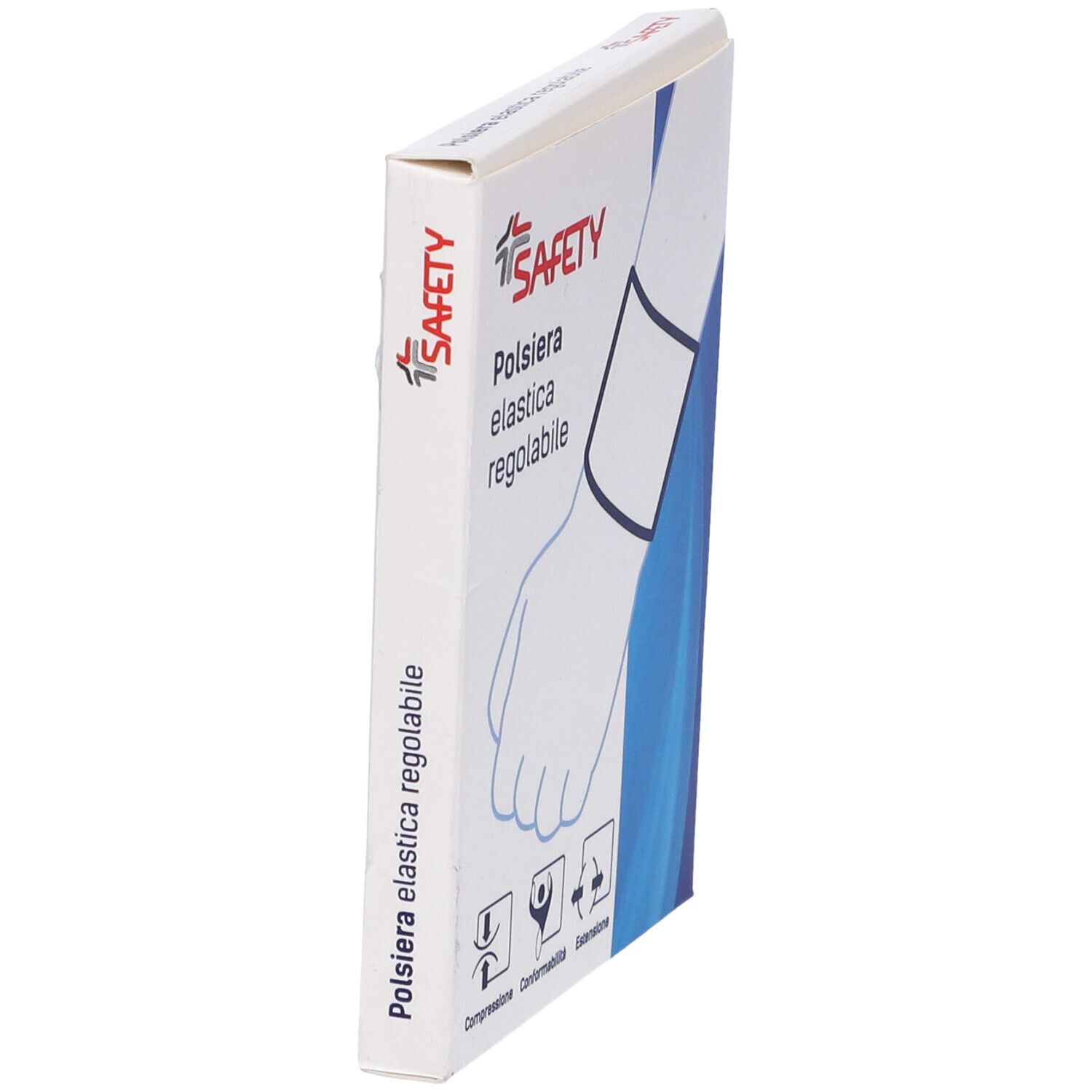 Confezione con polsiera elastica regolabile. Logo Safety. Illustrazioni: Compressione, conformità, estensione. Testo: Polsiera elastica regolabile.