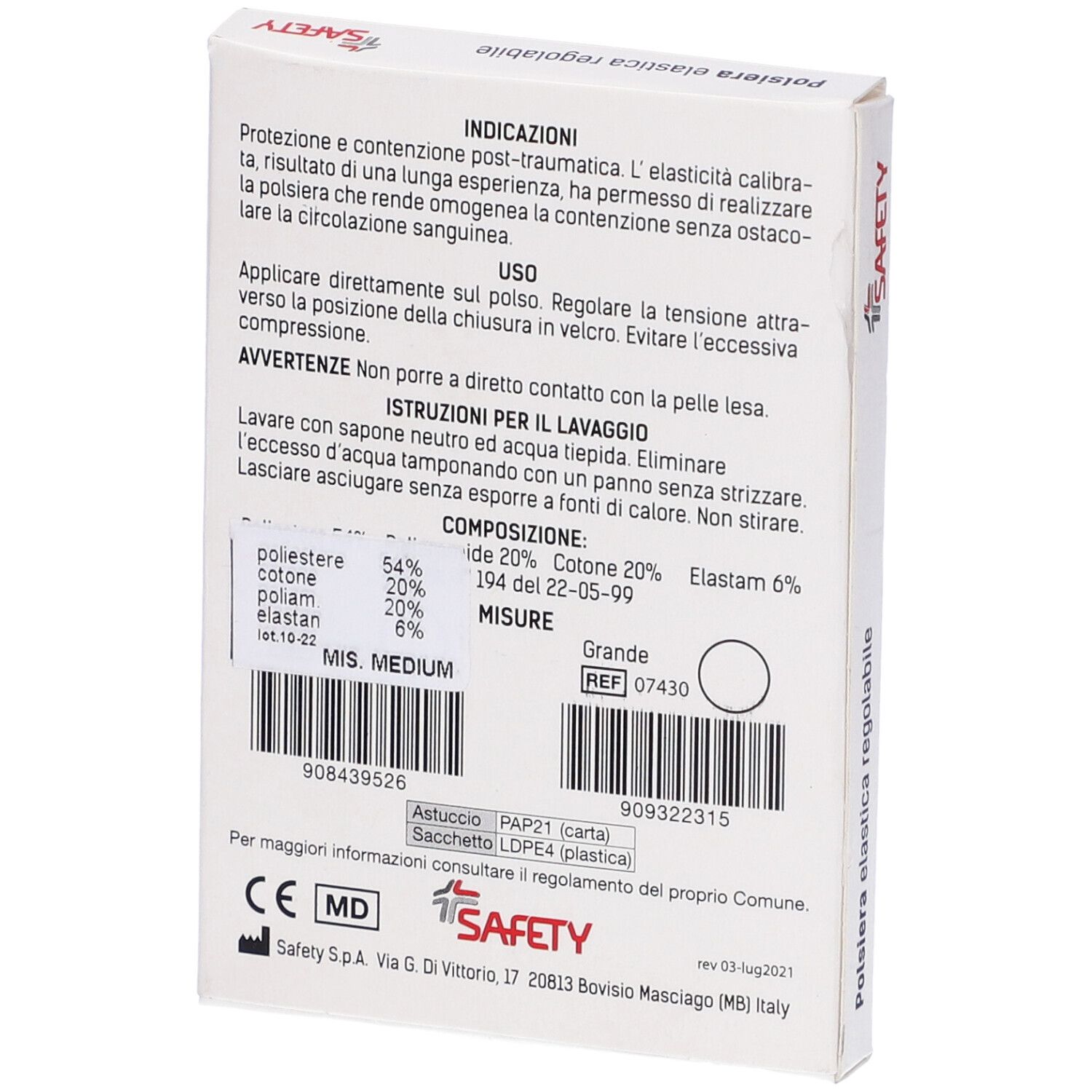 Confezione con polsiera elastica regolabile. Testo e informazioni su composizione e taglia. Logo Safety. Dispositivo medico.