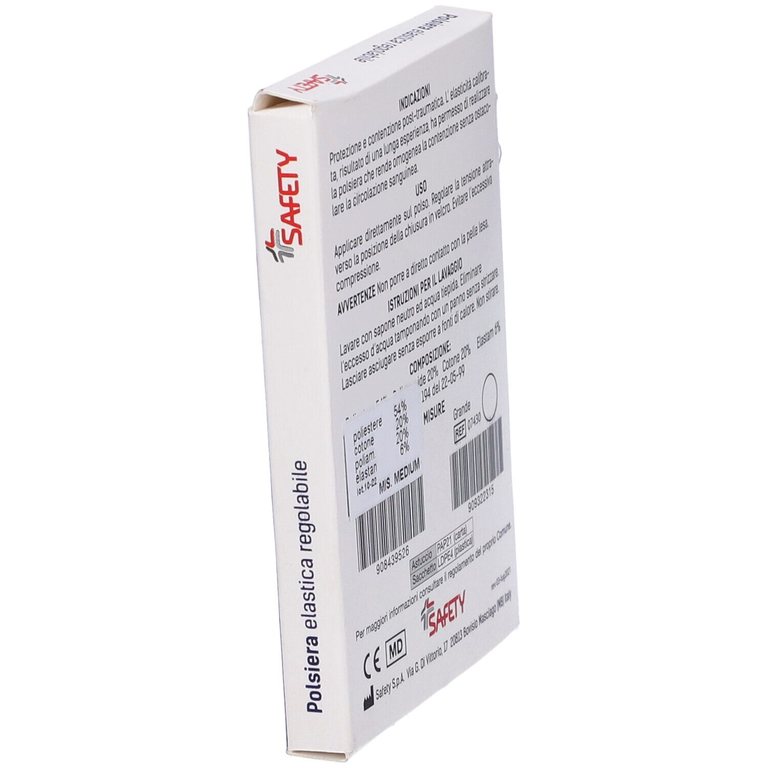 Confezione con polsiera elastica regolabile. Testo e informazioni su composizione e taglia. Logo Safety. Dispositivo medico.