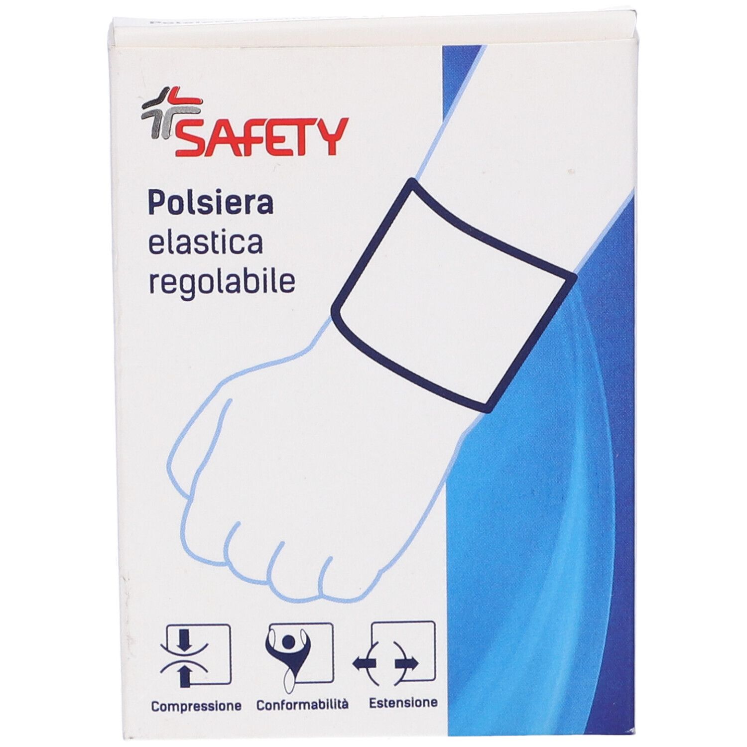 Confezione con polsiera elastica regolabile. Logo Safety. Illustrazioni: Compressione, conformità, estensione. Testo: Polsiera elastica regolabile.
