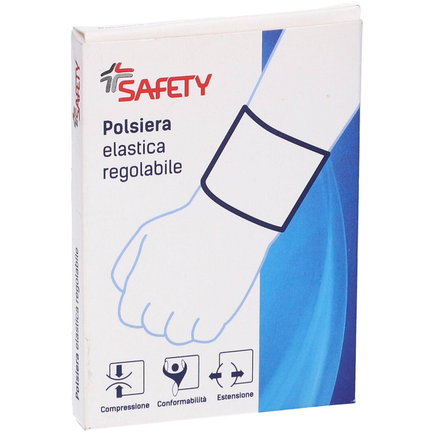Confezione con polsiera elastica regolabile. Logo Safety. Illustrazioni: Compressione, conformità, estensione. Testo: Polsiera elastica regolabile.