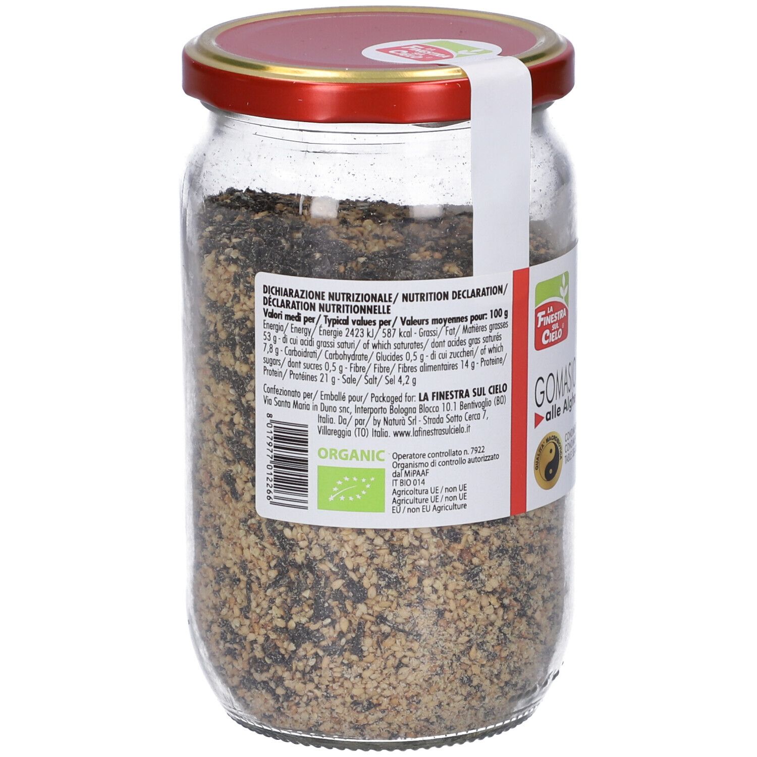 Vasetto di Gomasio Alle Alghe Bio. Retro con informazioni nutrizionali e sigillo bio.