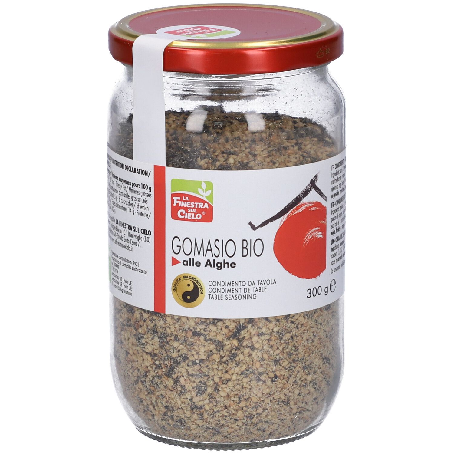 Vasetto di Gomasio Alle Alghe Bio. Etichetta con logo, nome del prodotto e 300g.