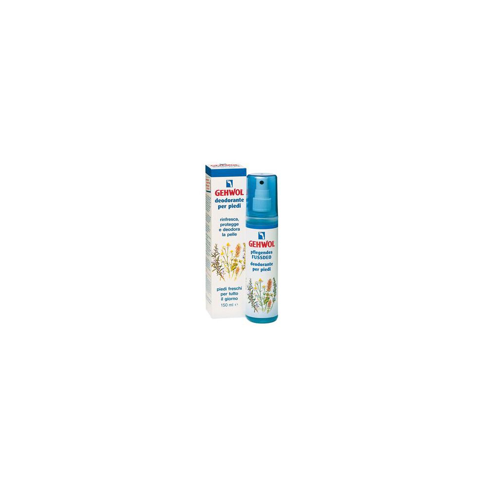 Gehwol Deodorant Spray und Verpackung. Blau-weißes Spray mit floralen Illustrationen. Text: Deodorante per piedi.