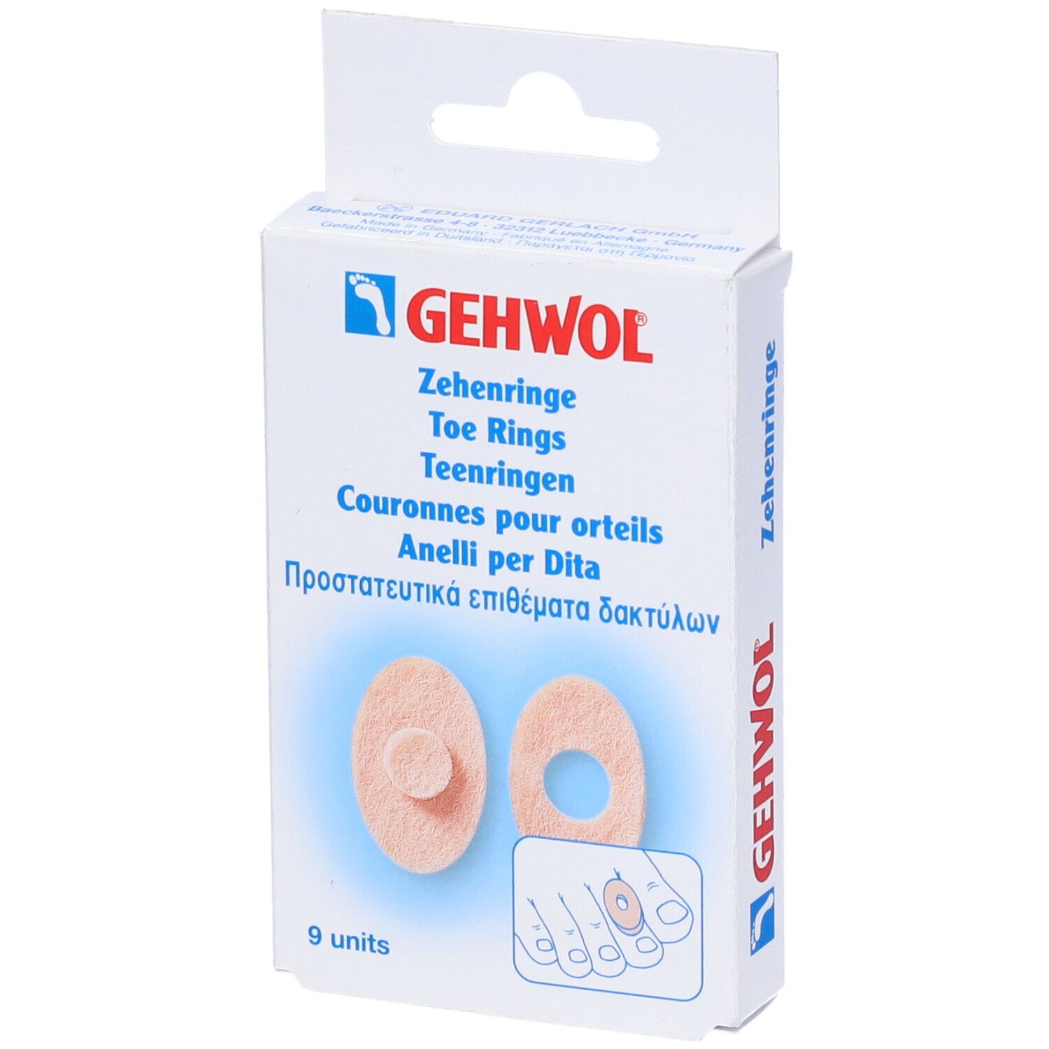Confezione Gehwol Zehenringe. Due anelli ovali beige e un diagramma del piede. 9 pezzi.