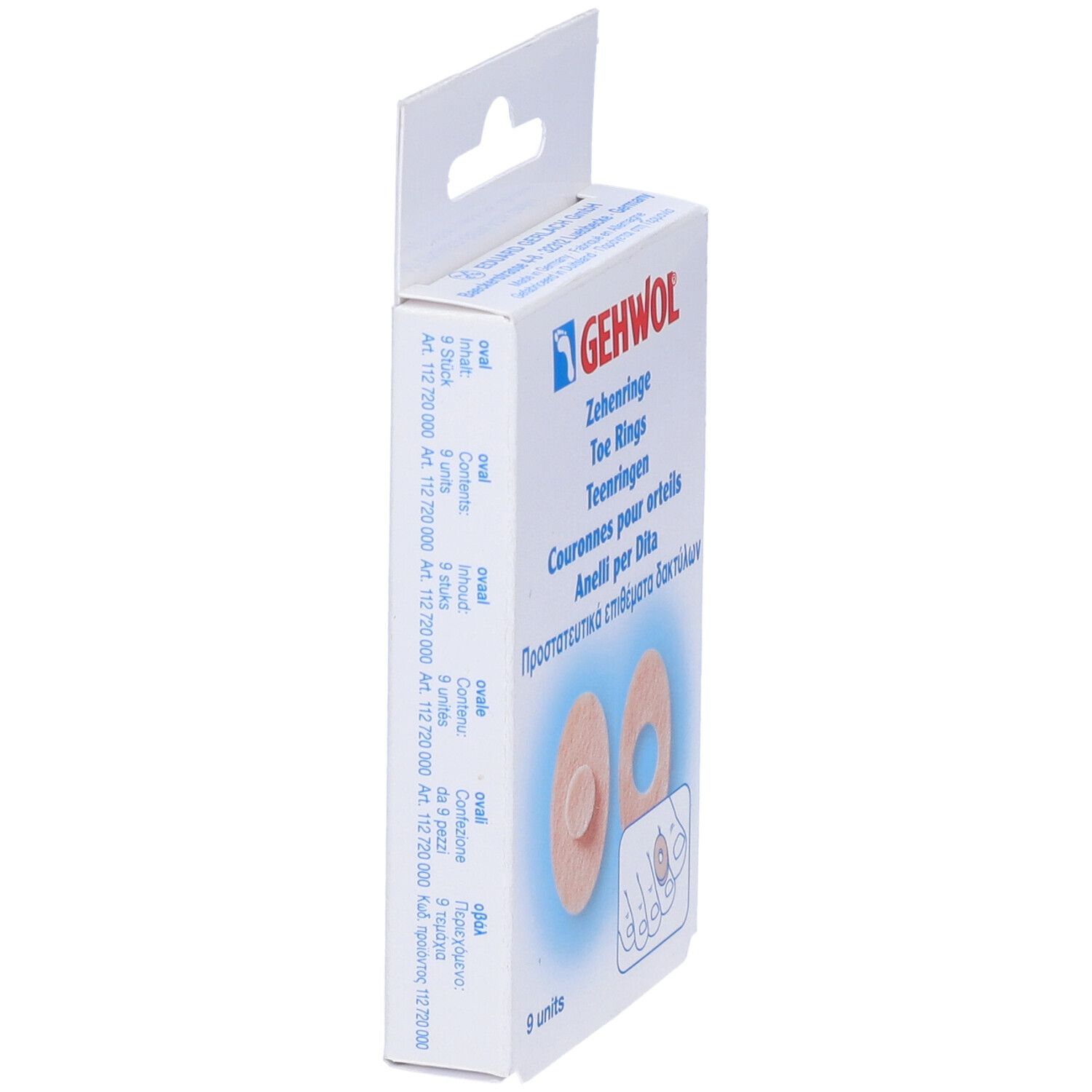 Confezione Gehwol Zehenringe. Due anelli ovali beige e un diagramma del piede. 9 pezzi.