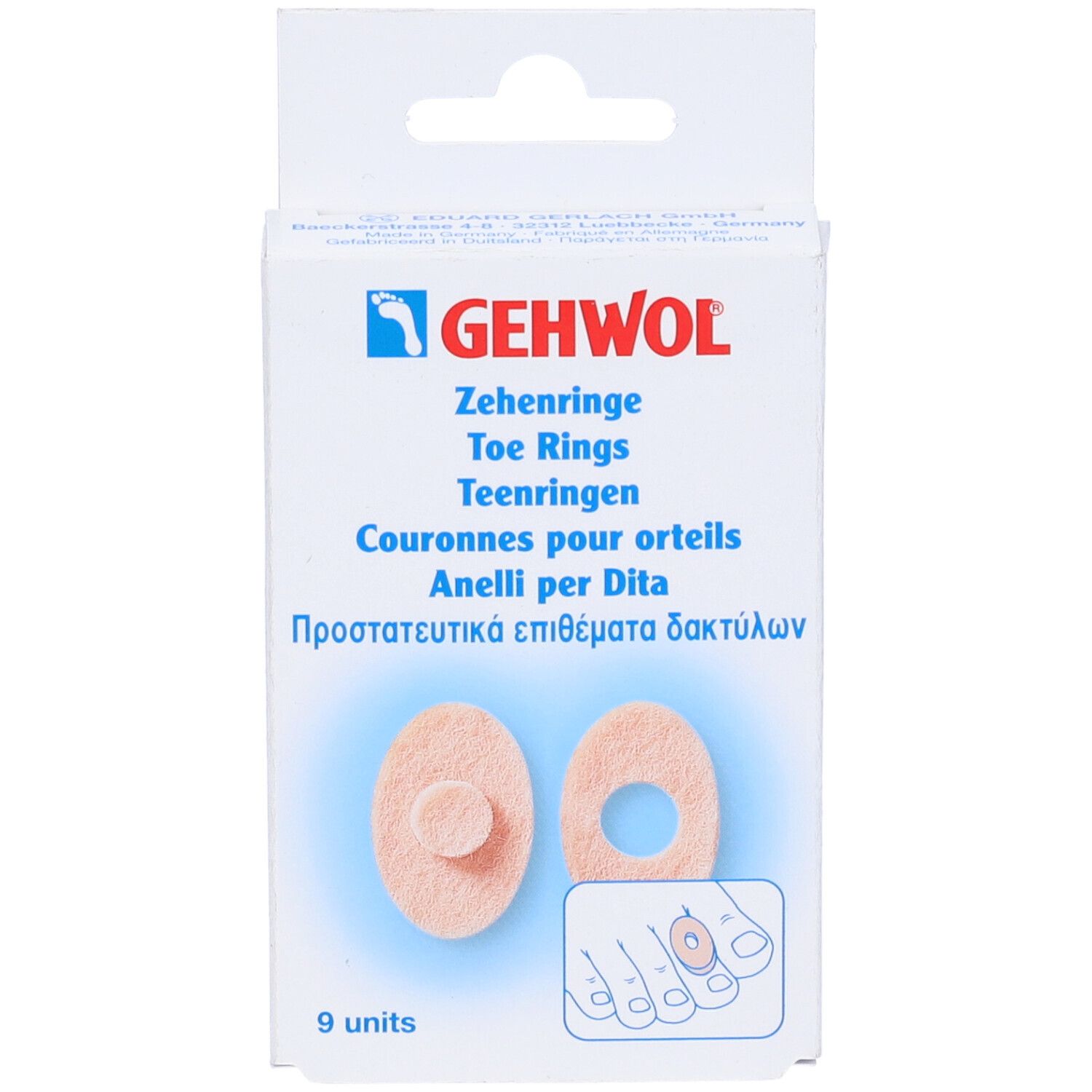 Confezione Gehwol Zehenringe. Due anelli ovali beige e un diagramma del piede. 9 pezzi.
