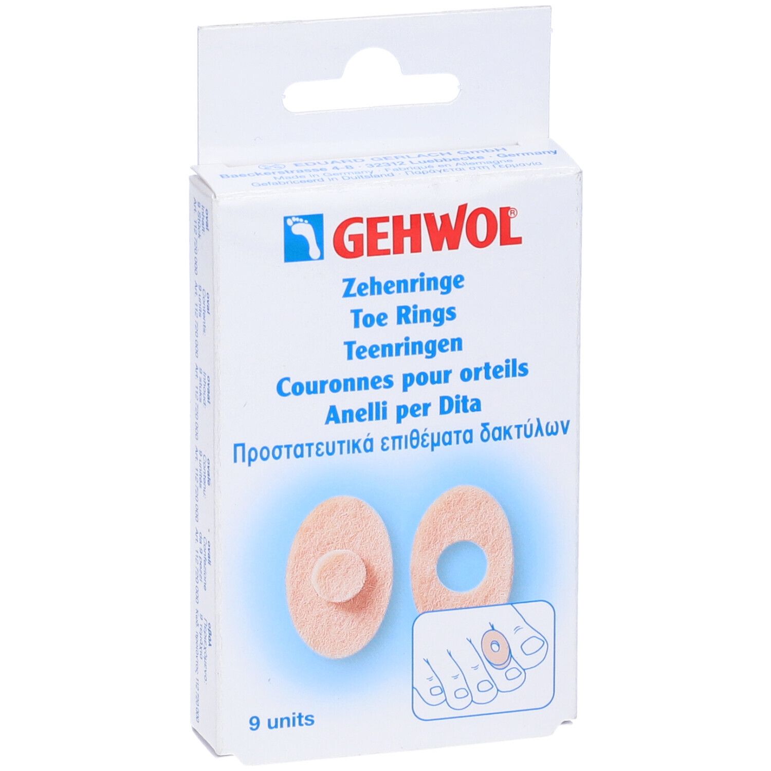 Confezione Gehwol Zehenringe. Due anelli ovali beige e un diagramma del piede. 9 pezzi.