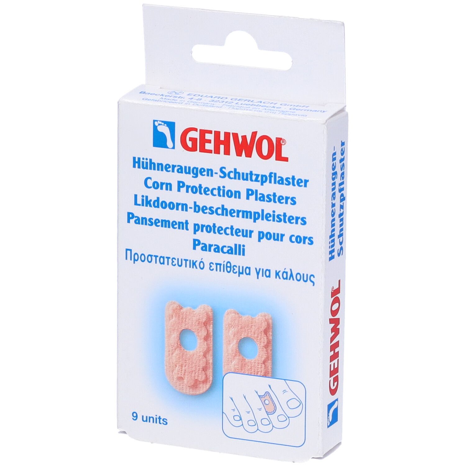 Confezione Gehwol con 9 cerotti protettivi per calli. Nome del prodotto e marchio visibili. Illustrazione di piedi.
