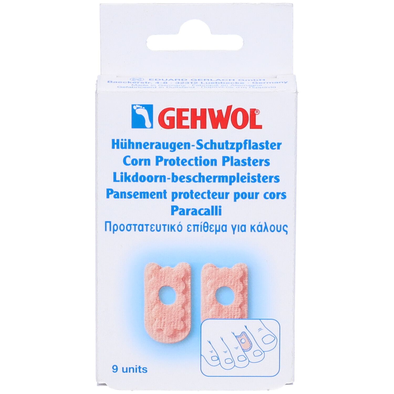 Confezione Gehwol con 9 cerotti protettivi per calli. Nome del prodotto e marchio visibili. Illustrazione di piedi.