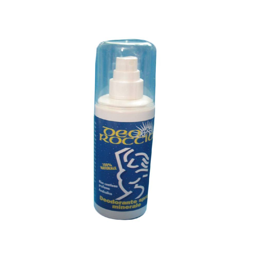 Spray deodorante con etichetta blu e testina bianca. Il tappo è trasparente.