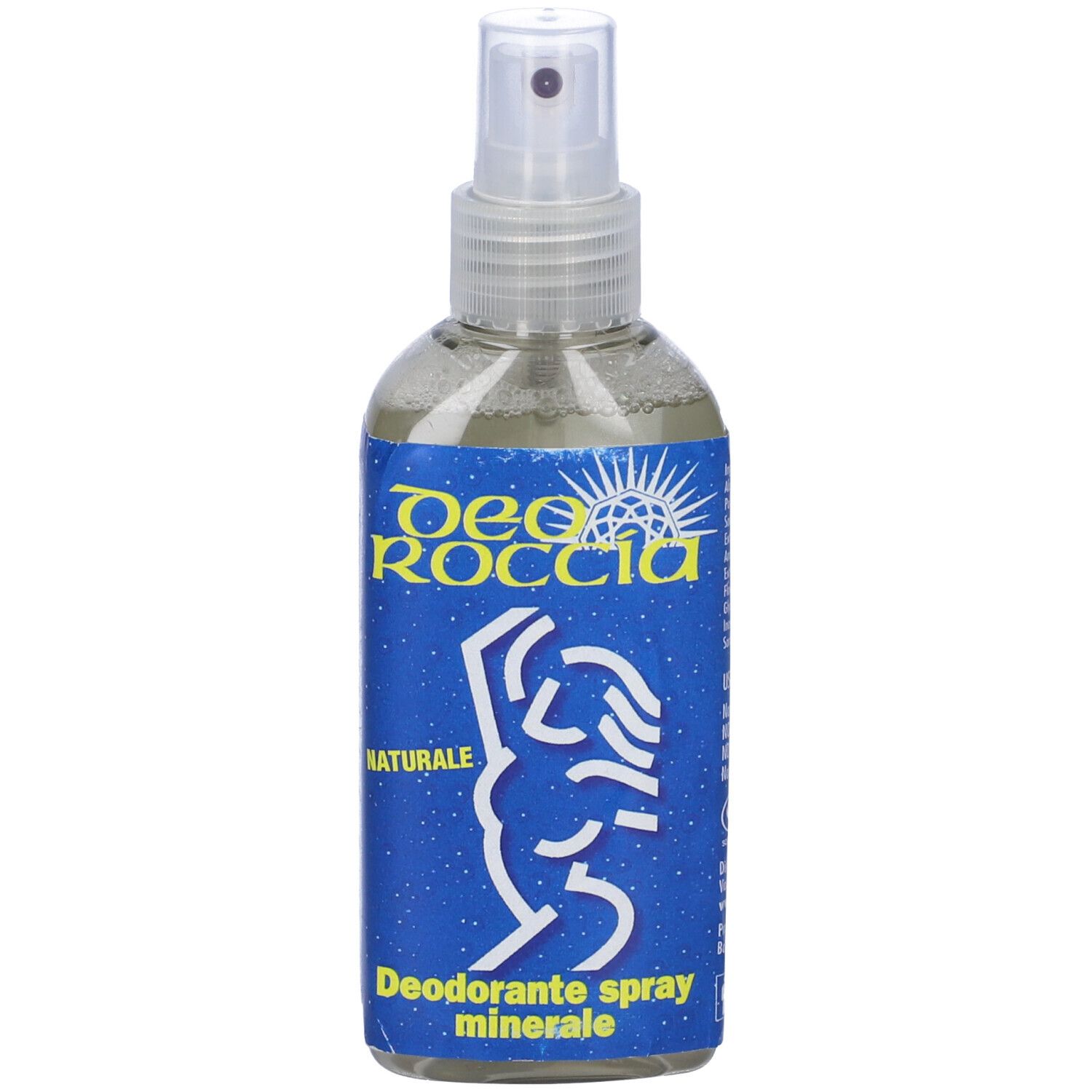 Spray deodorante con etichetta blu e testina bianca. Il contenitore è trasparente.