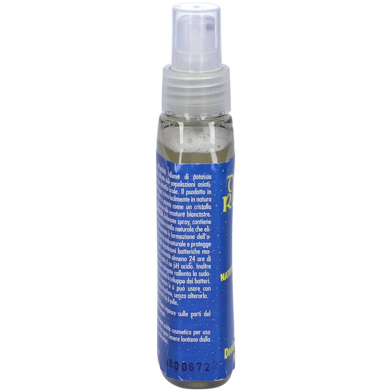 Retro dello spray deodorante con ingredienti e testo. Il contenitore è trasparente.