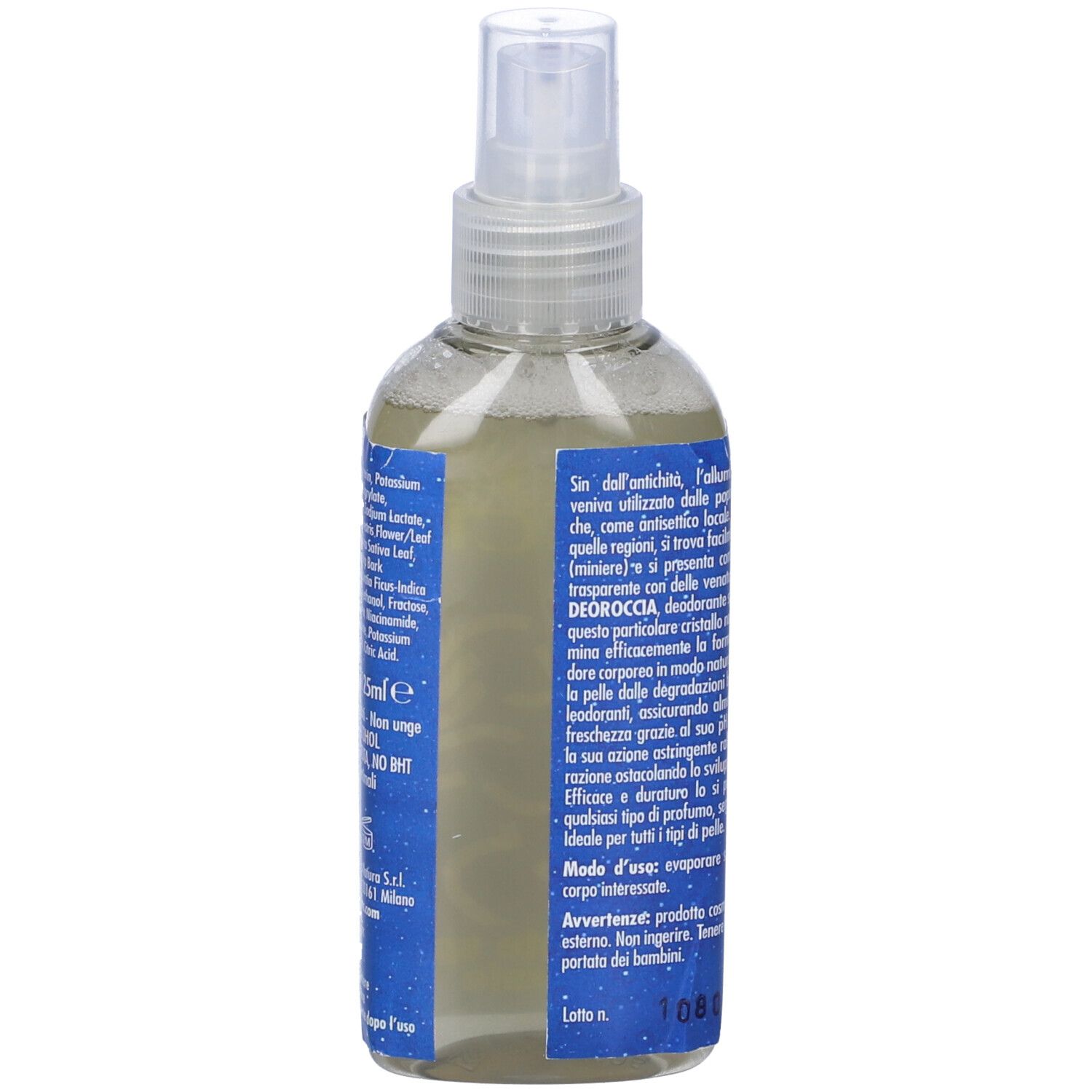 Retro dello spray deodorante con ingredienti e testo. Il contenitore è trasparente.