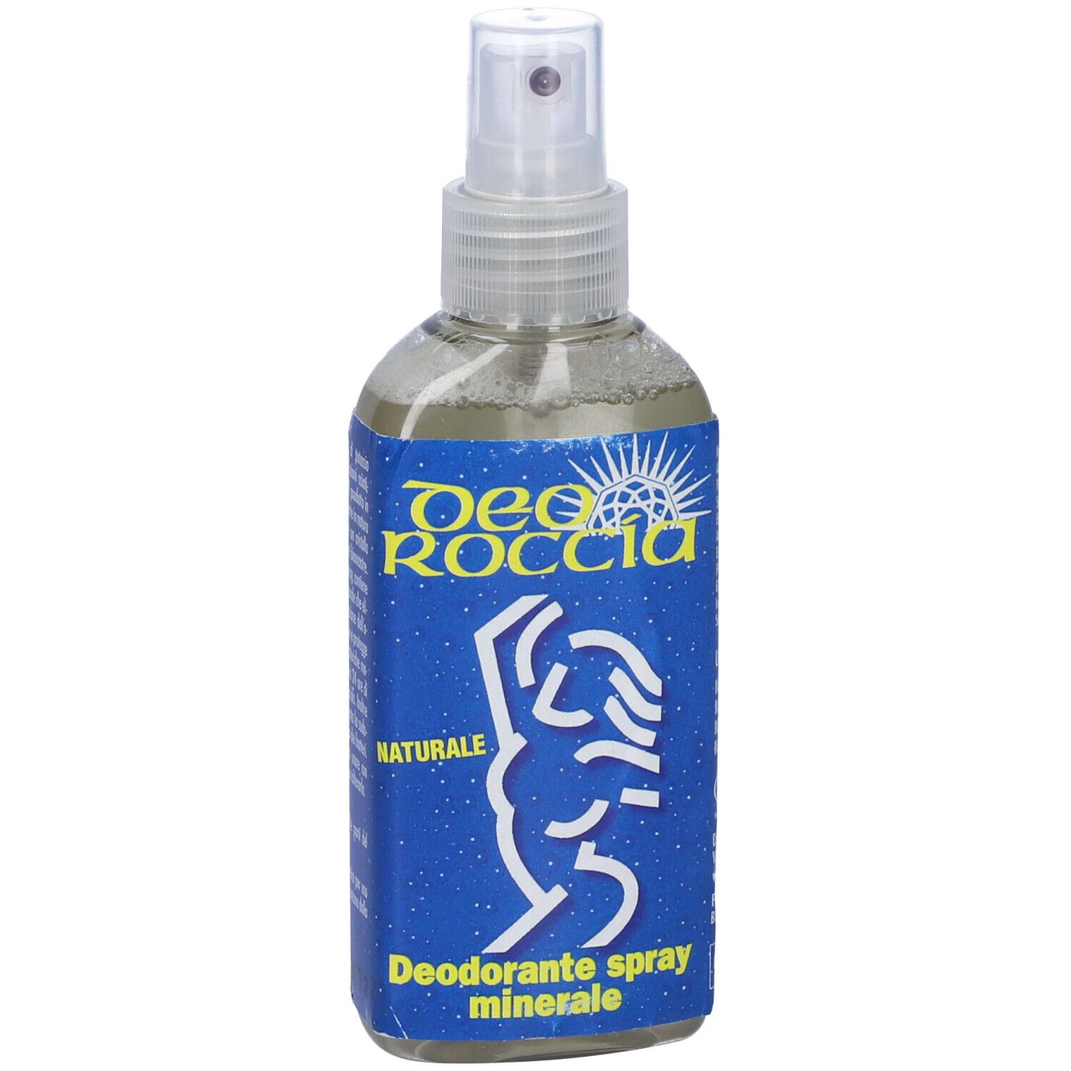 Spray deodorante con etichetta blu e testina bianca. Il contenitore è trasparente.