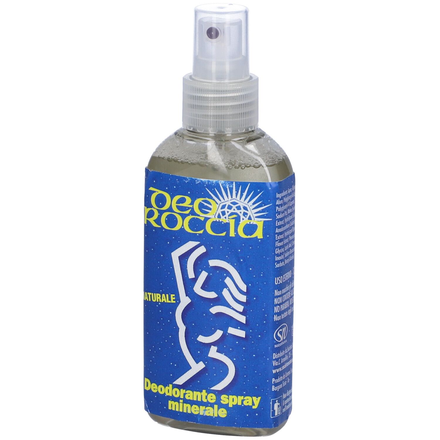 Spray deodorante con etichetta blu e testina bianca. Il contenitore è trasparente.