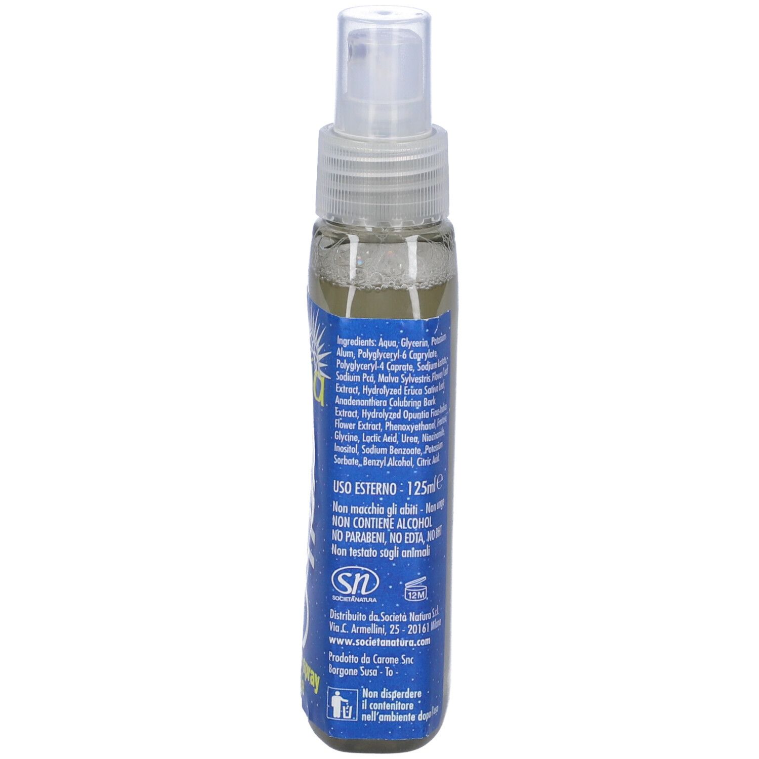 Retro dello spray deodorante con ingredienti e testo. Il contenitore è trasparente.