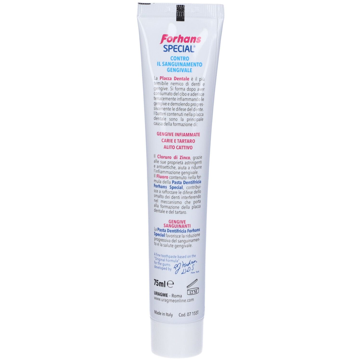 Weiße Tube mit rotem und blauem Aufdruck. Enthält 75ml Zahnpasta.