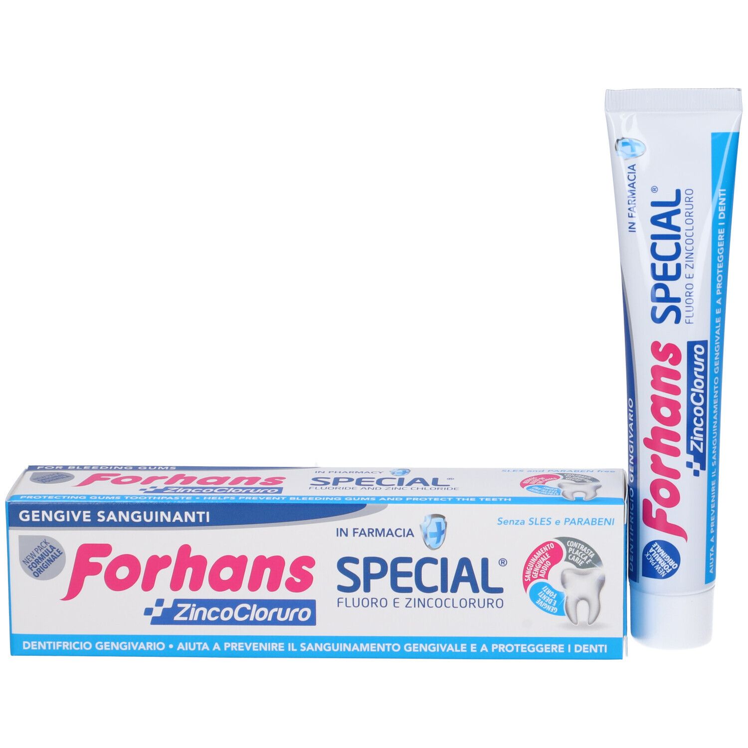 Forhans Special Zahnpasta-Tube und Kartonverpackung mit Zinkochlorid.